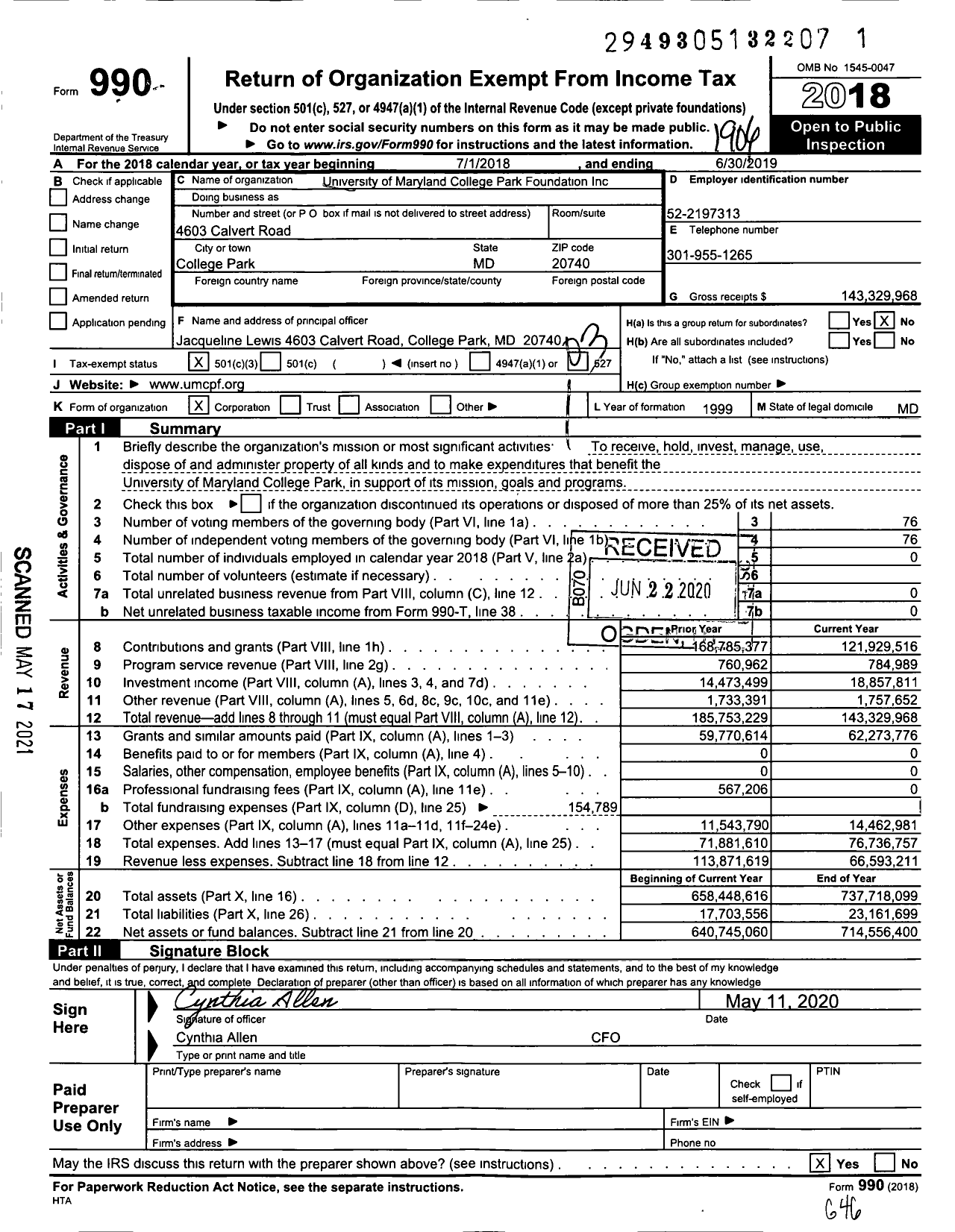 Image of first page of 2018 Form 990 for University of Maryland College Park Foundation
