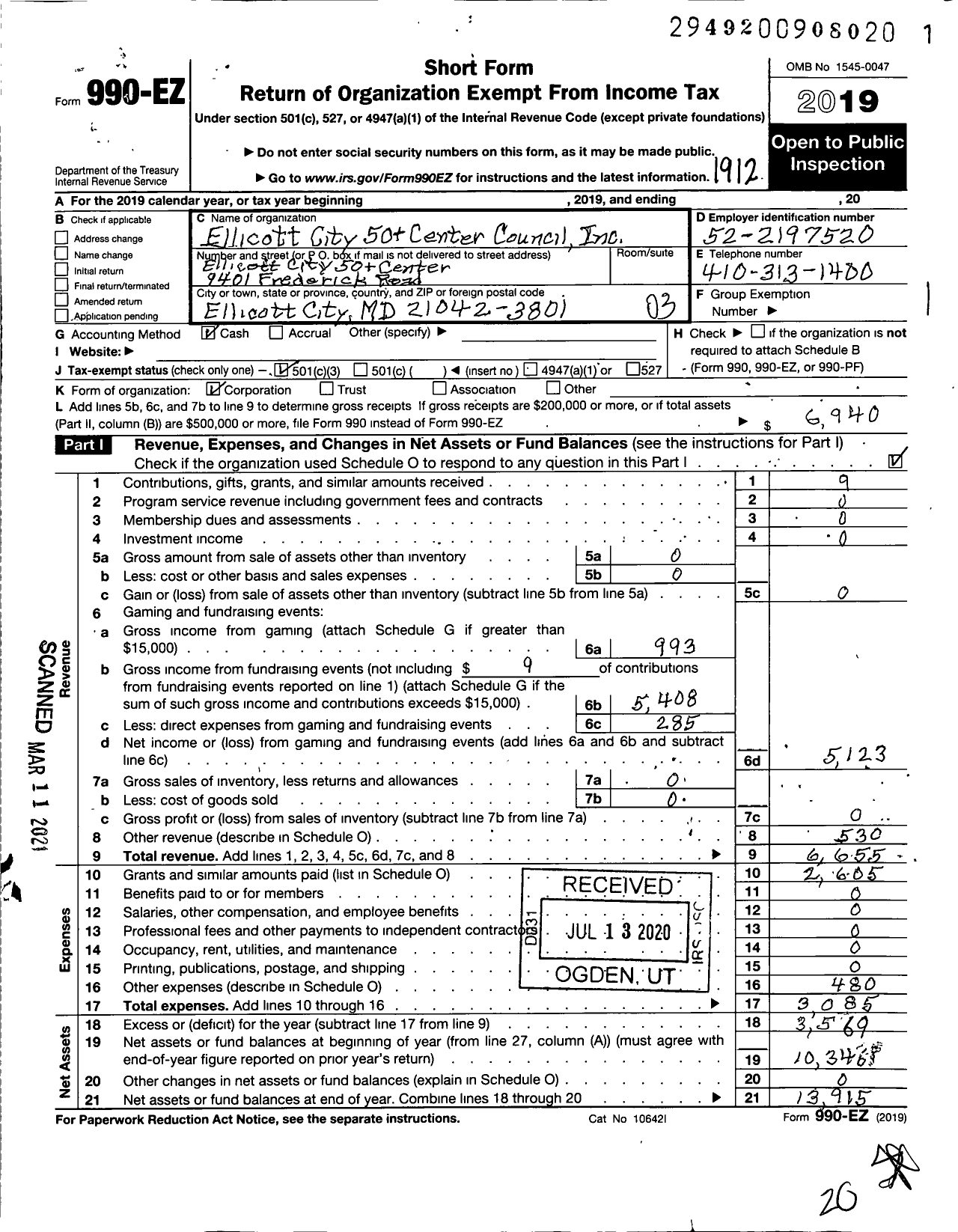 Image of first page of 2019 Form 990EZ for Ellicott City 50 Plus Center Council