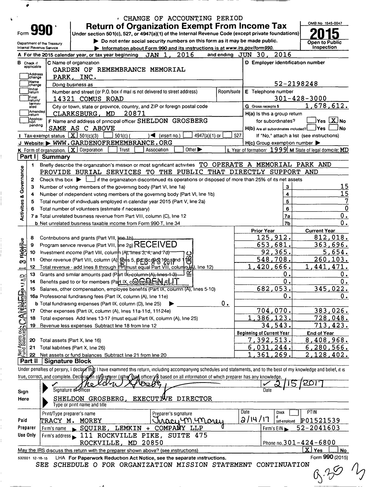 Image of first page of 2015 Form 990 for Garden of Remembrance Memorial Park