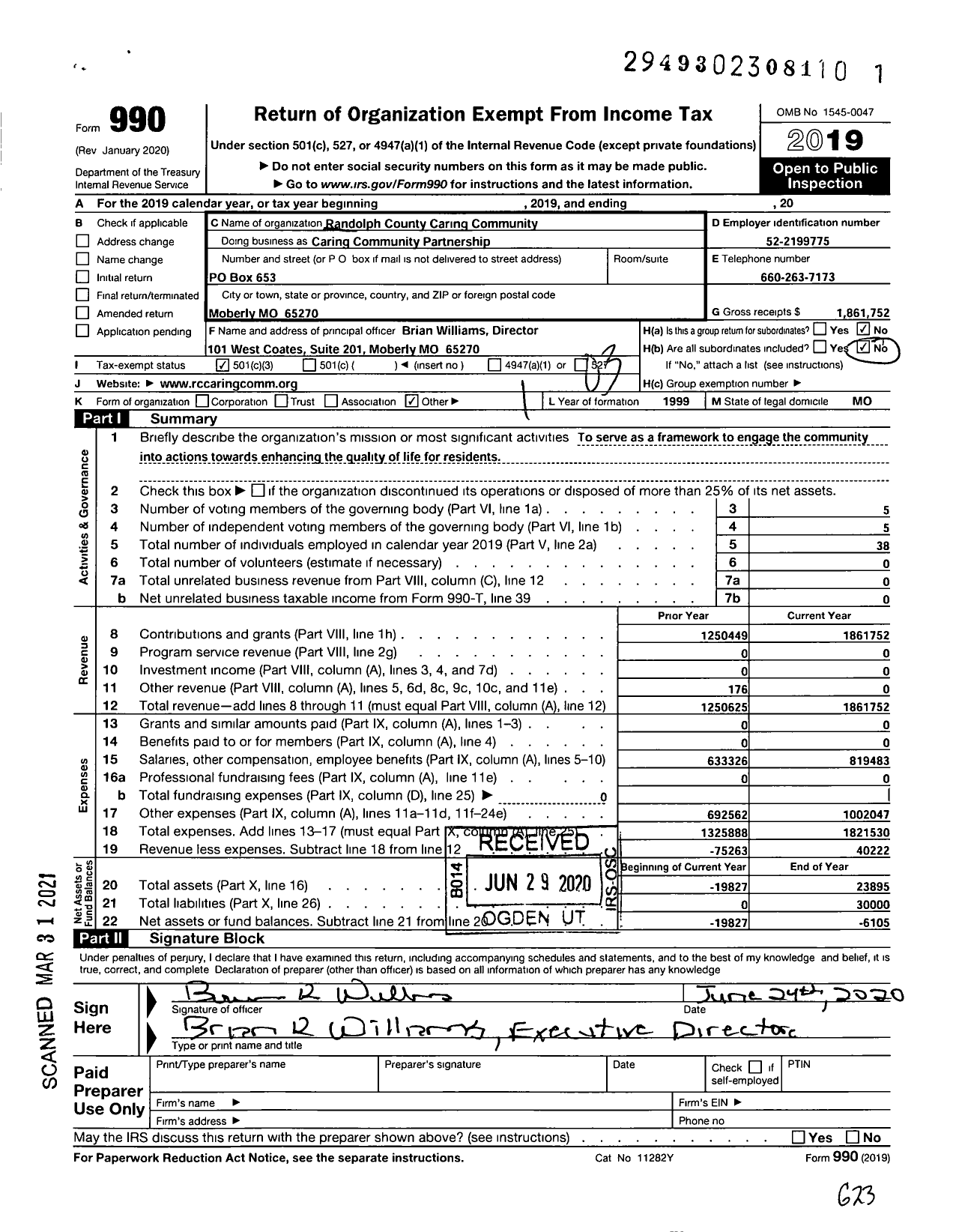 Image of first page of 2019 Form 990 for Randolph County Caring Community