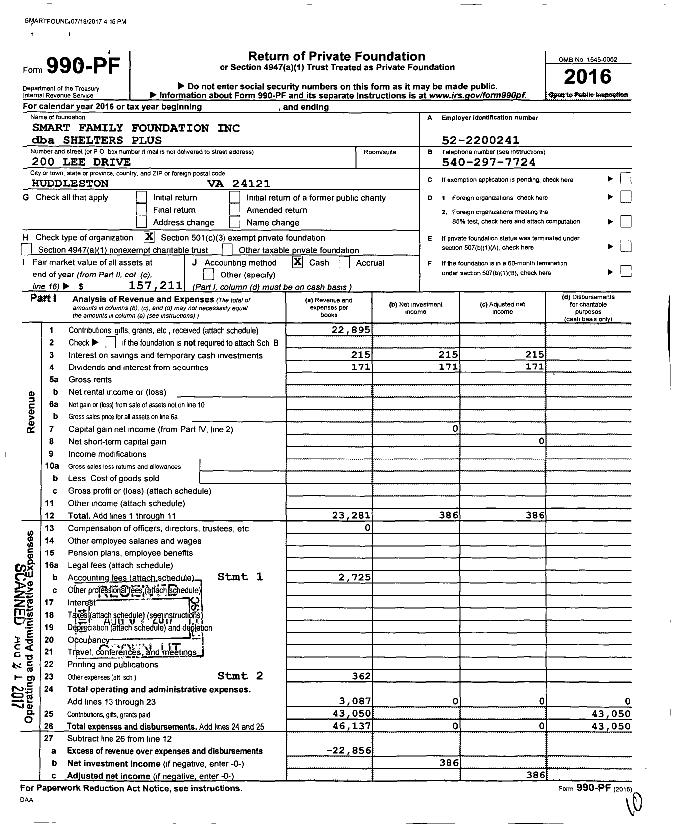 Image of first page of 2016 Form 990PF for Shelters Plus