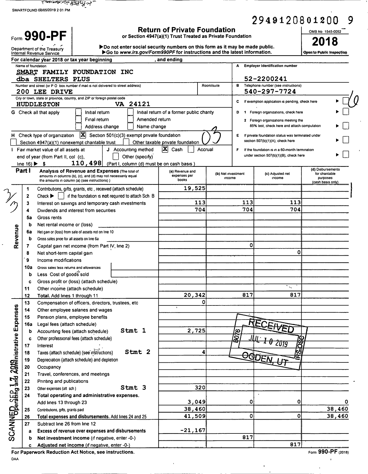 Image of first page of 2018 Form 990PF for Shelters Plus