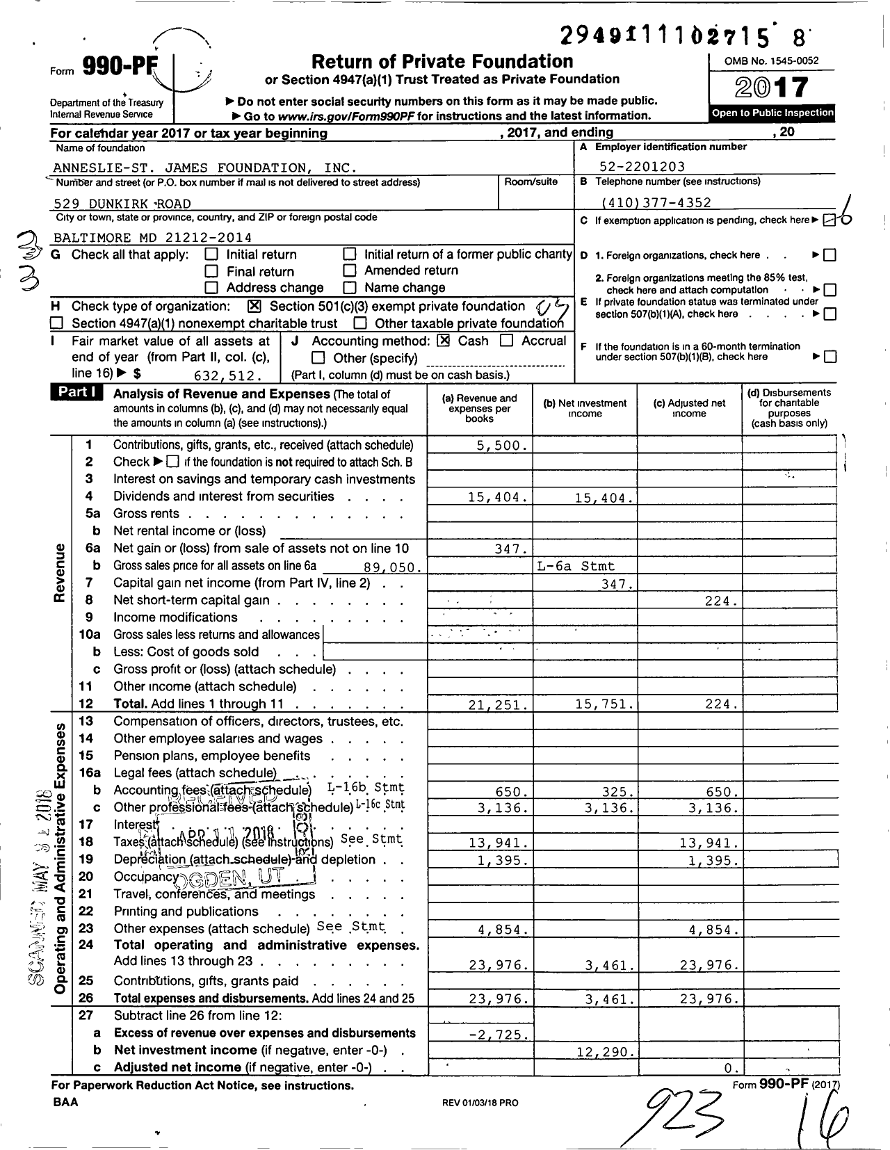 Image of first page of 2017 Form 990PF for Anneslie-St James Foundation