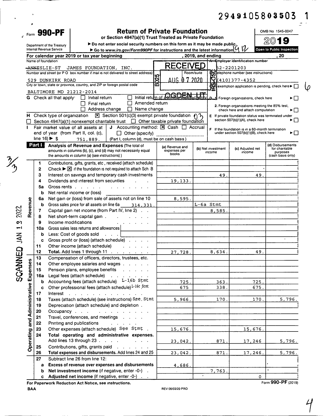 Image of first page of 2019 Form 990PF for Anneslie-St James Foundation