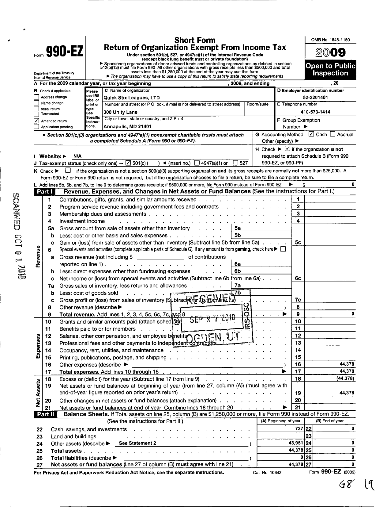 Image of first page of 2009 Form 990EO for Quick Stix Leagues