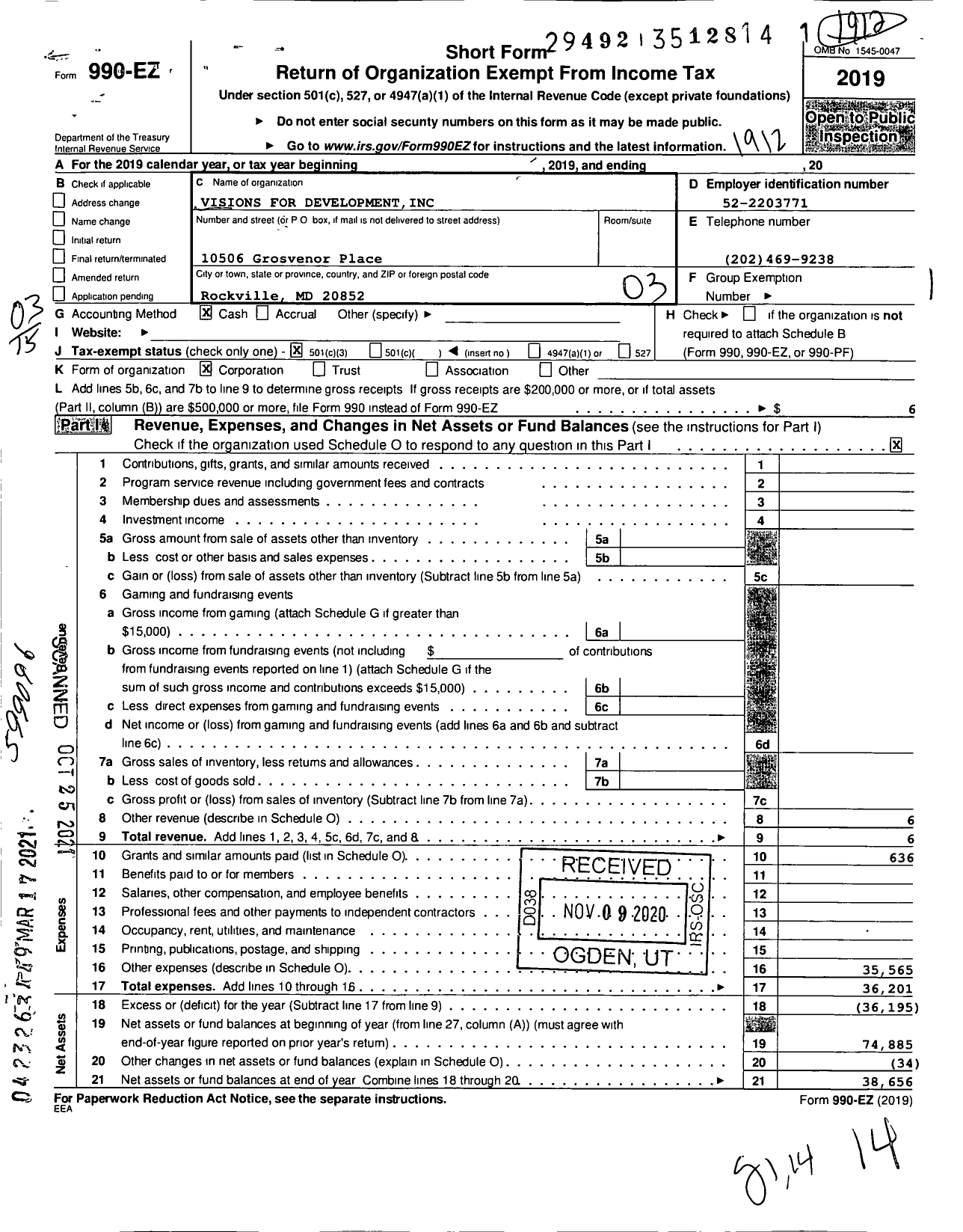 Image of first page of 2019 Form 990EZ for Visions for Development