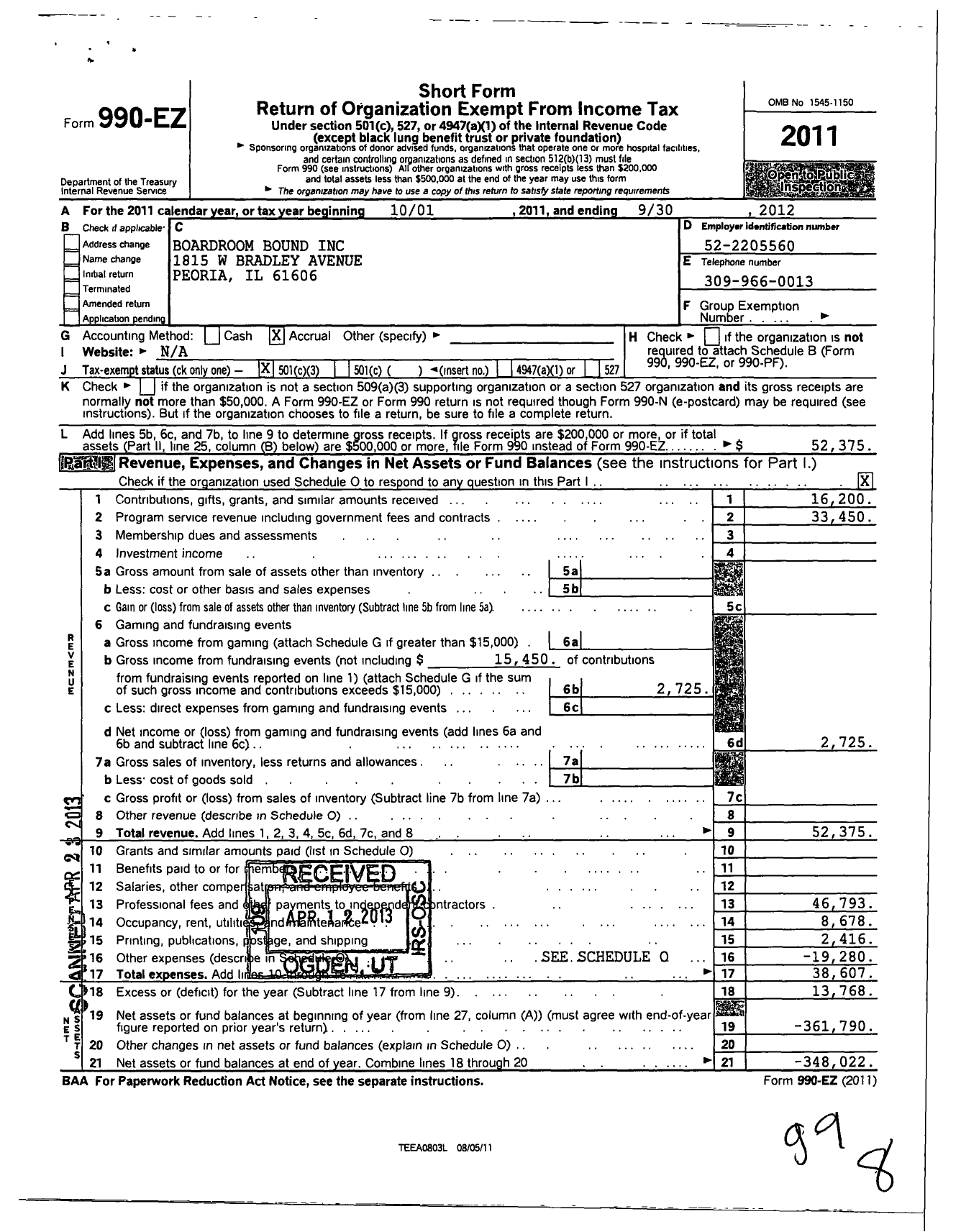 Image of first page of 2011 Form 990EZ for Boardroom Bound