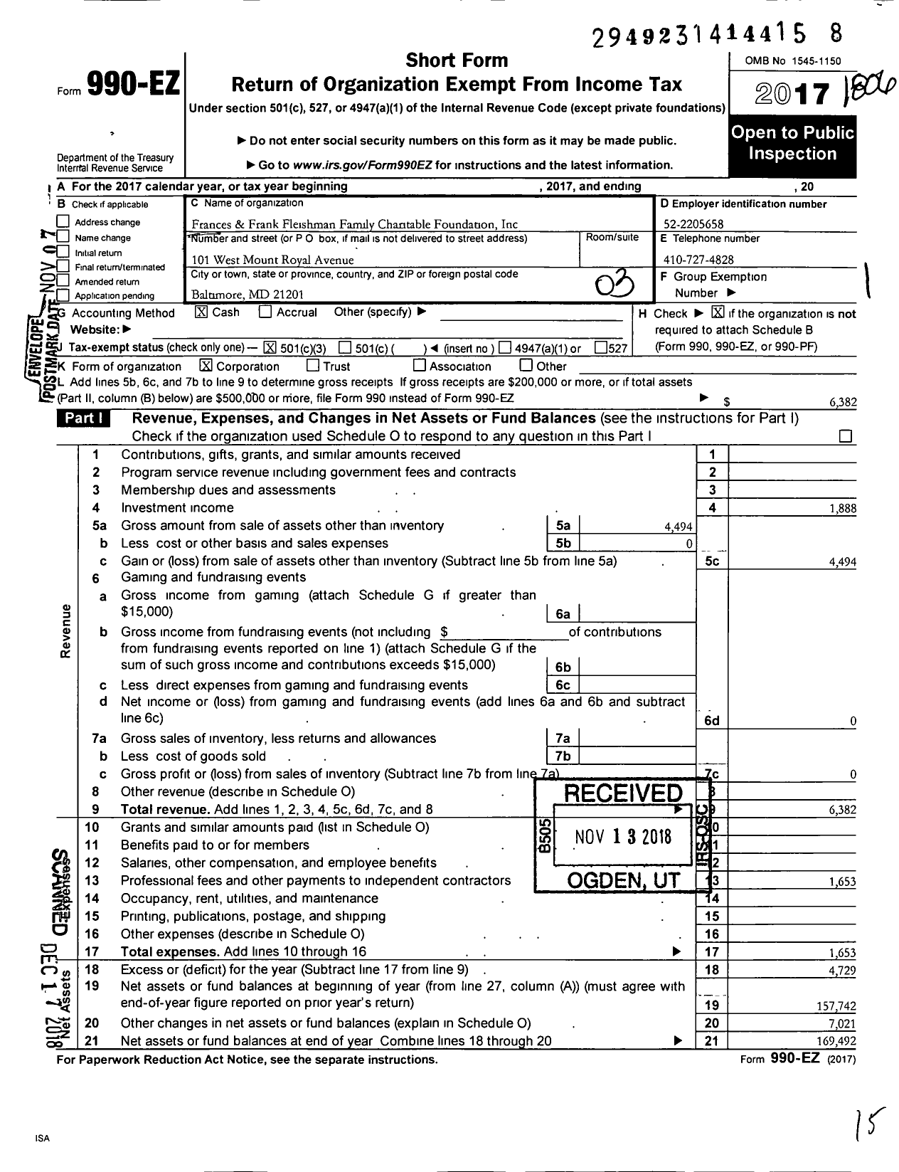 Image of first page of 2017 Form 990EZ for Frances and Frank Fleishman Family Charitable Foundation