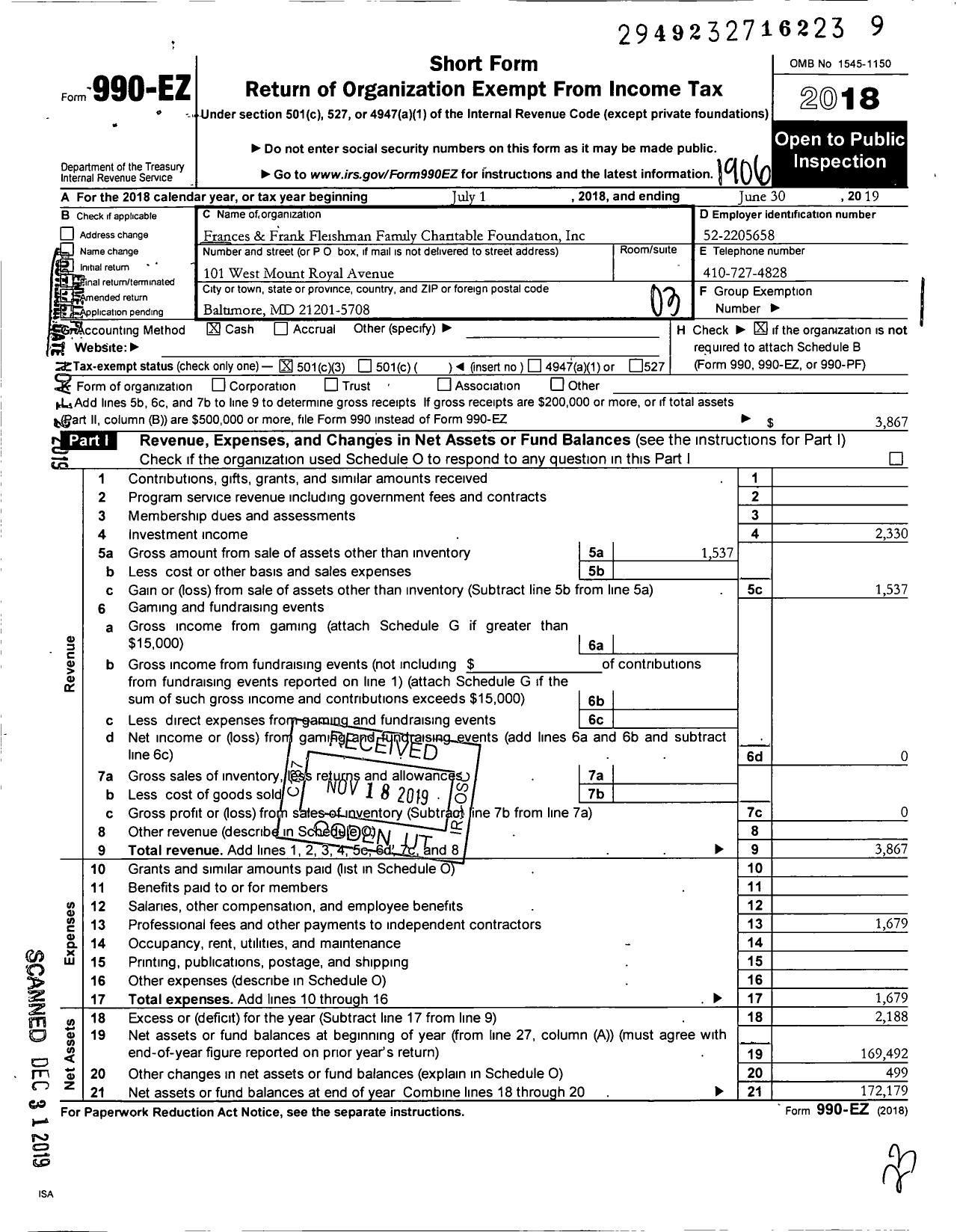 Image of first page of 2018 Form 990EZ for Frances and Frank Fleishman Family Charitable Foundation