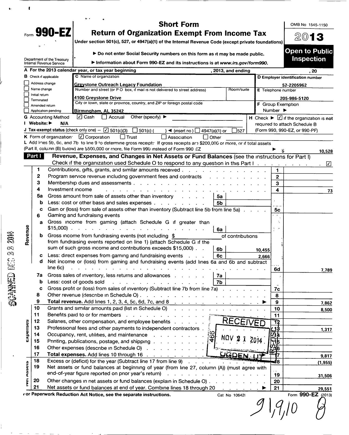 Image of first page of 2013 Form 990EZ for Greystone Outreach Legacy Foundation