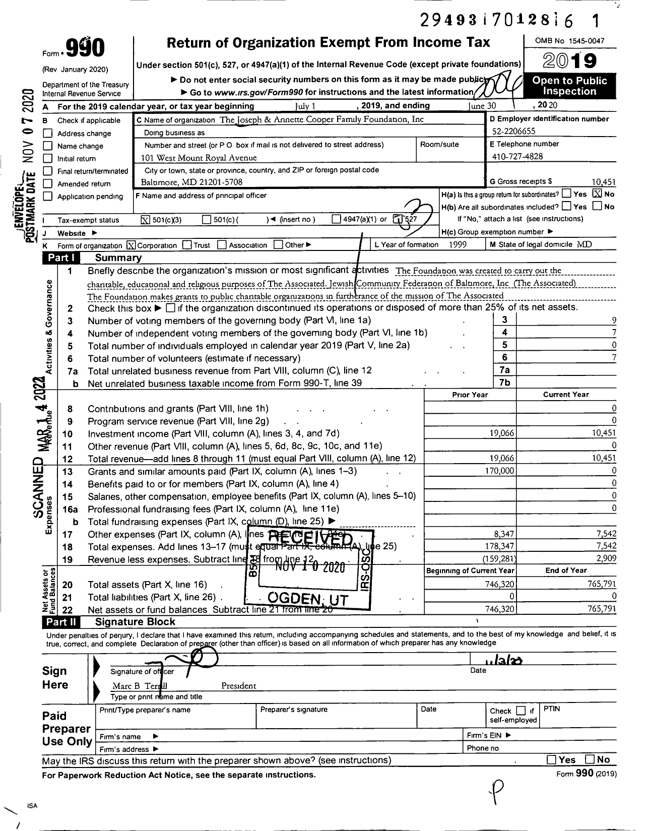 Image of first page of 2019 Form 990 for The Joseph and Annette Cooper Family Foundation