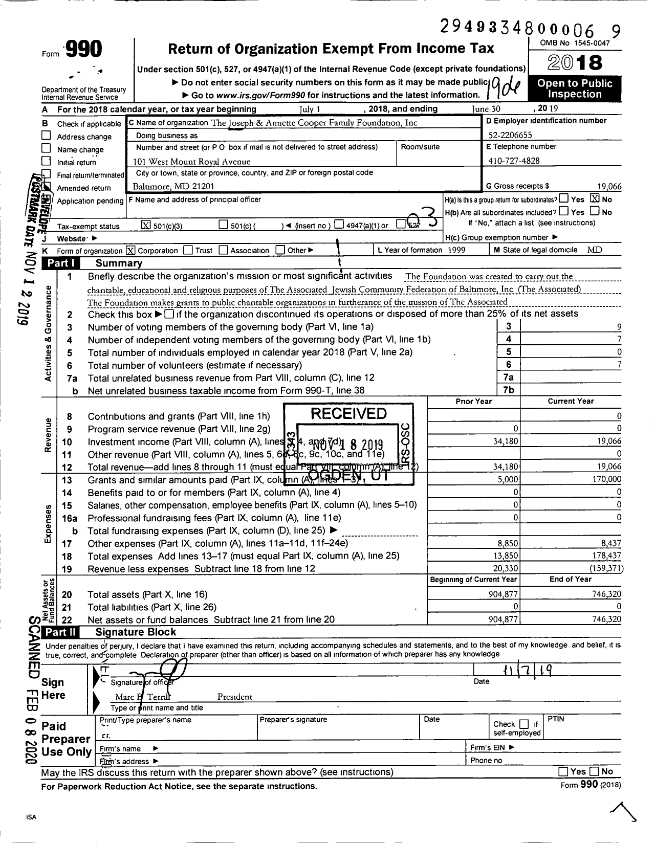 Image of first page of 2018 Form 990 for The Joseph and Annette Cooper Family Foundation