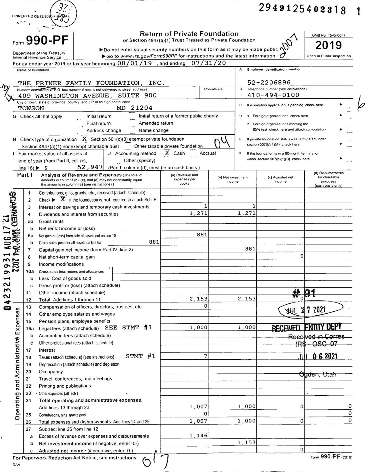 Image of first page of 2019 Form 990PF for The Friner Family Foundation