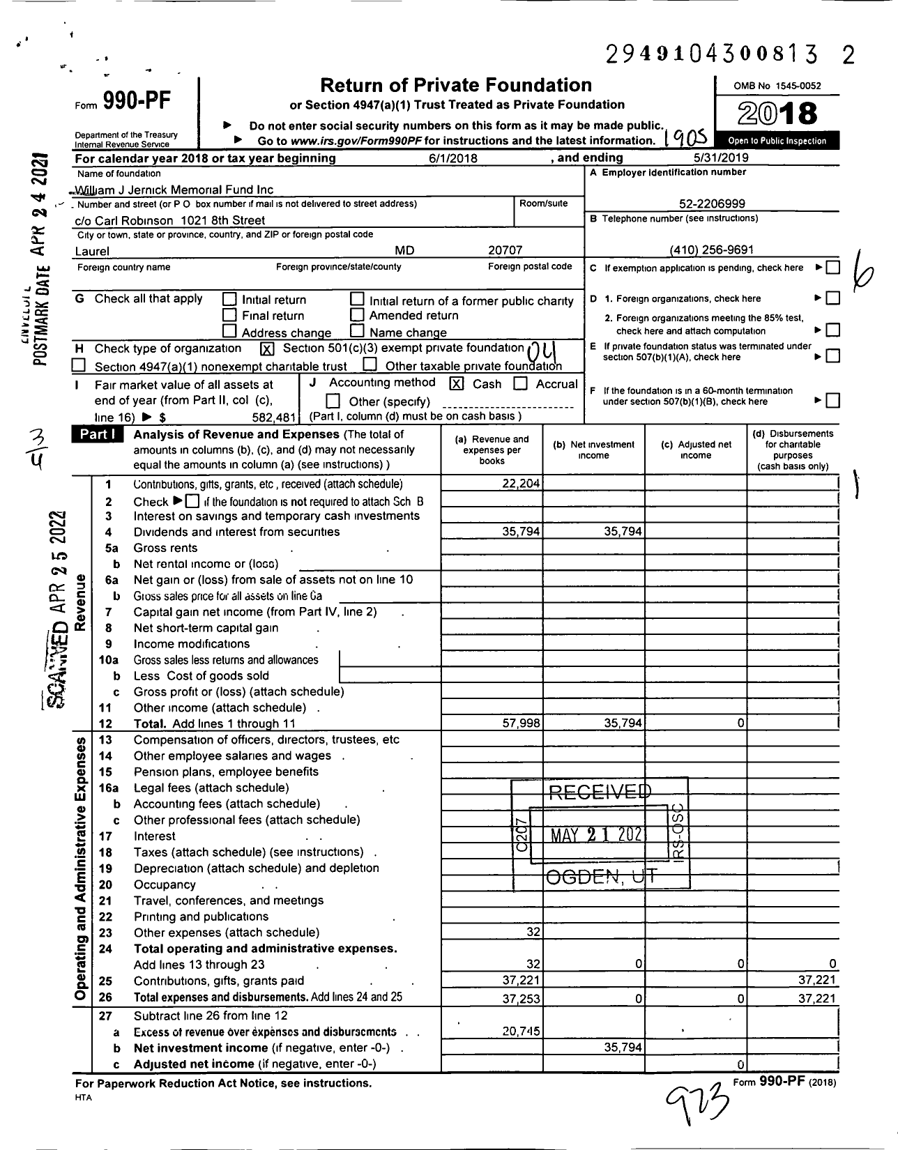 Image of first page of 2018 Form 990PF for William J Jernick Memorial Fund