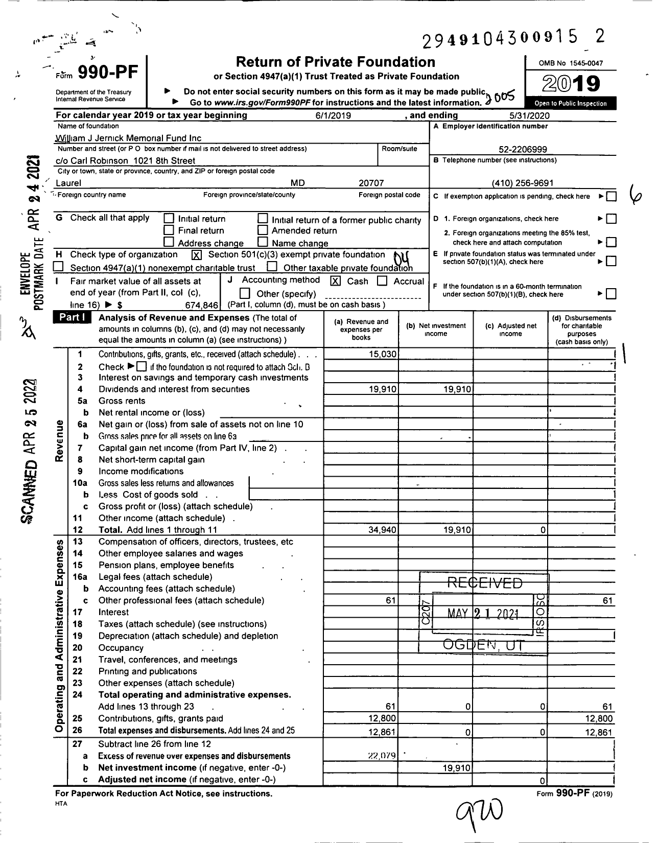 Image of first page of 2019 Form 990PF for William J Jernick Memorial Fund