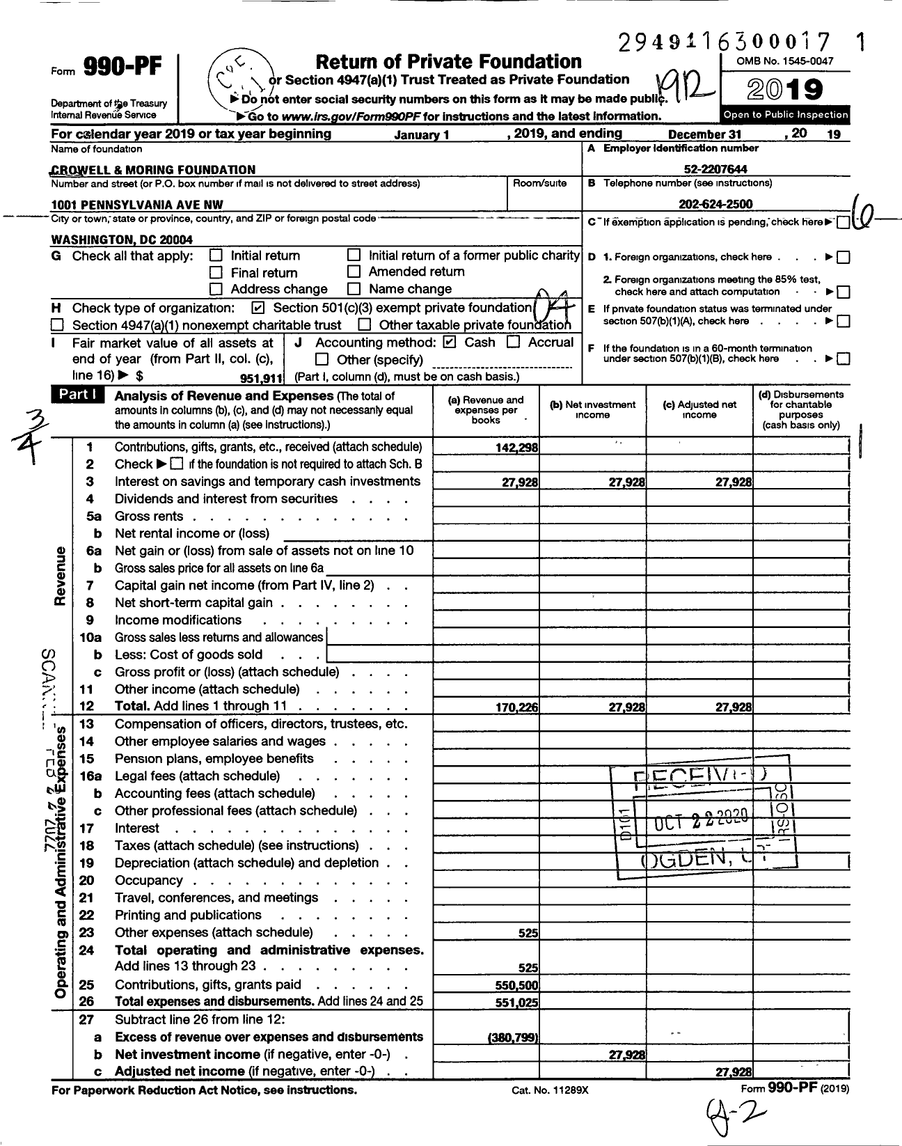 Image of first page of 2019 Form 990PF for Crowell and Moring Foundation