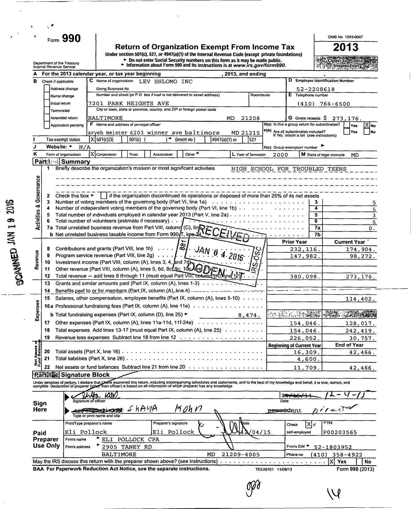 Image of first page of 2013 Form 990 for Lev Shlomo