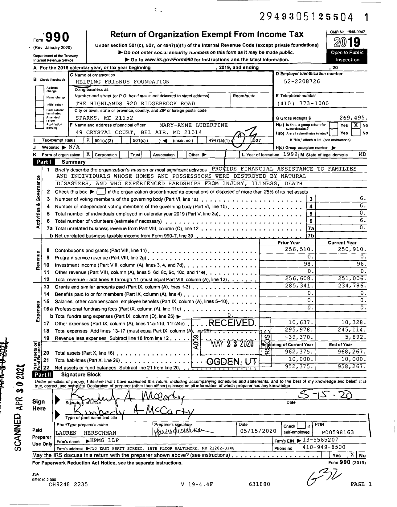 Image of first page of 2019 Form 990 for Helping Friends Foundation