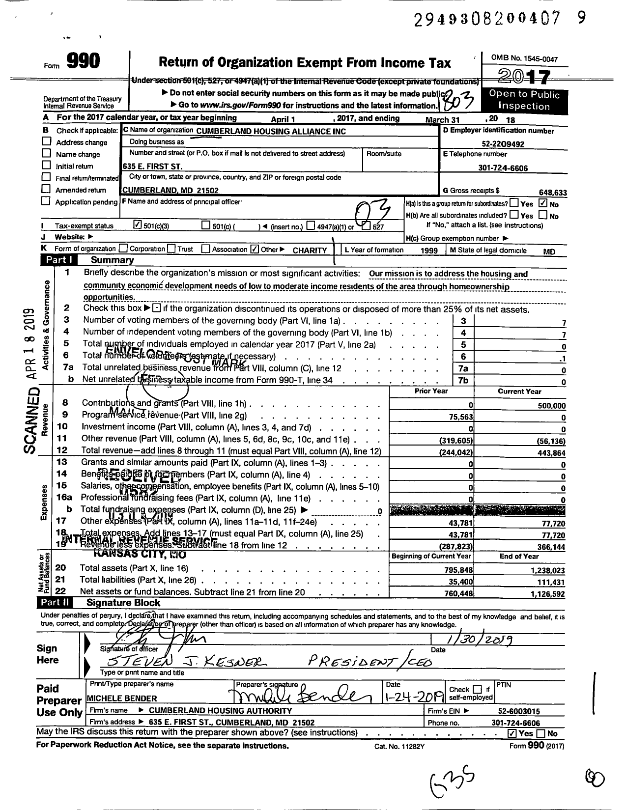 Image of first page of 2017 Form 990 for Cumberland Housing Alliance