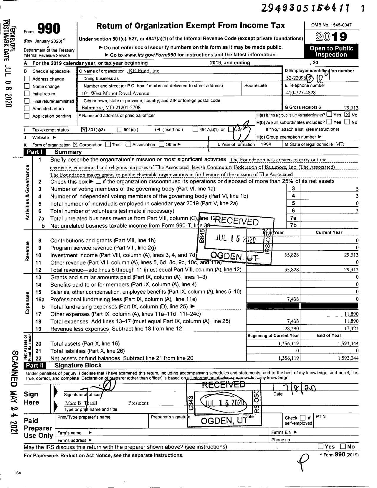 Image of first page of 2019 Form 990 for KR Fund