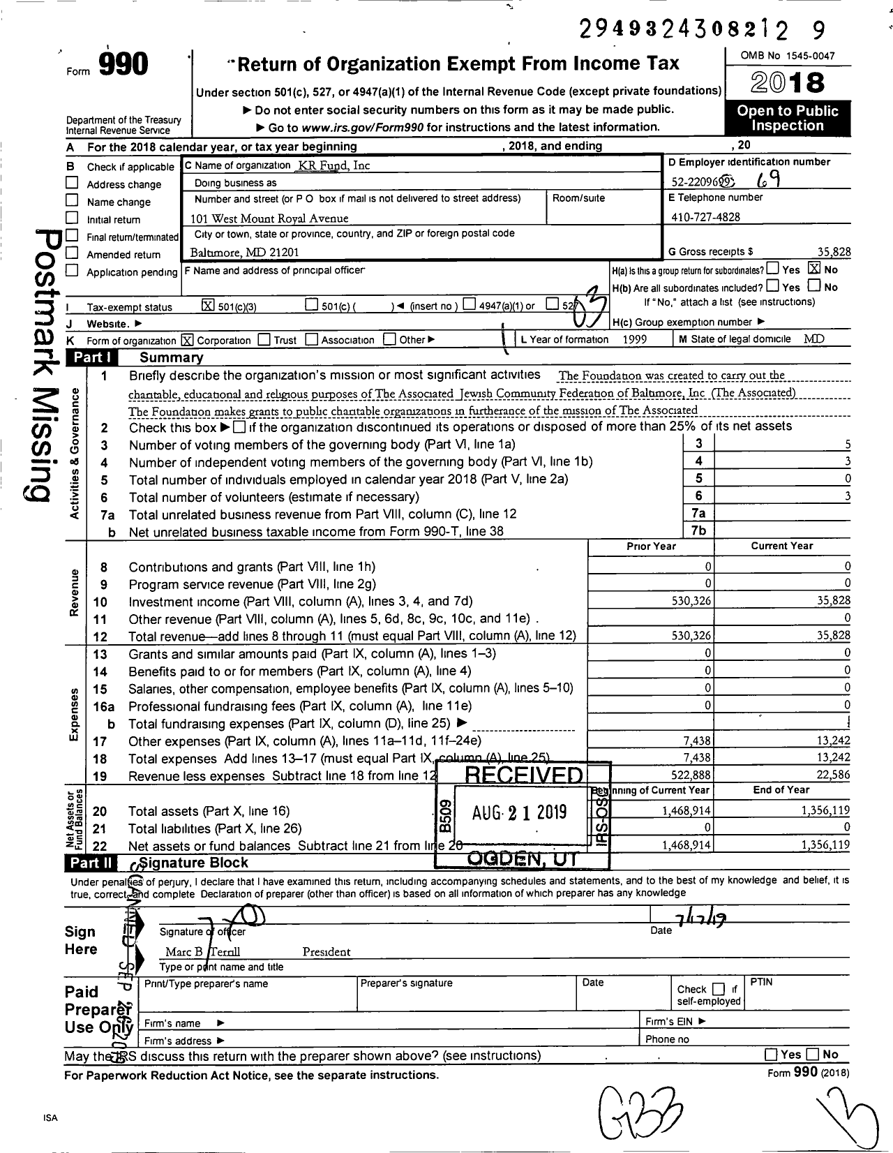 Image of first page of 2018 Form 990 for KR Fund