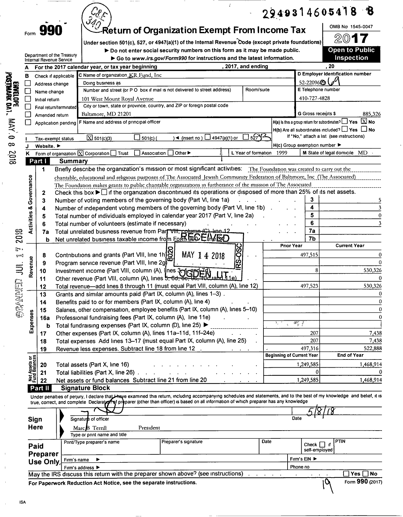 Image of first page of 2017 Form 990 for KR Fund
