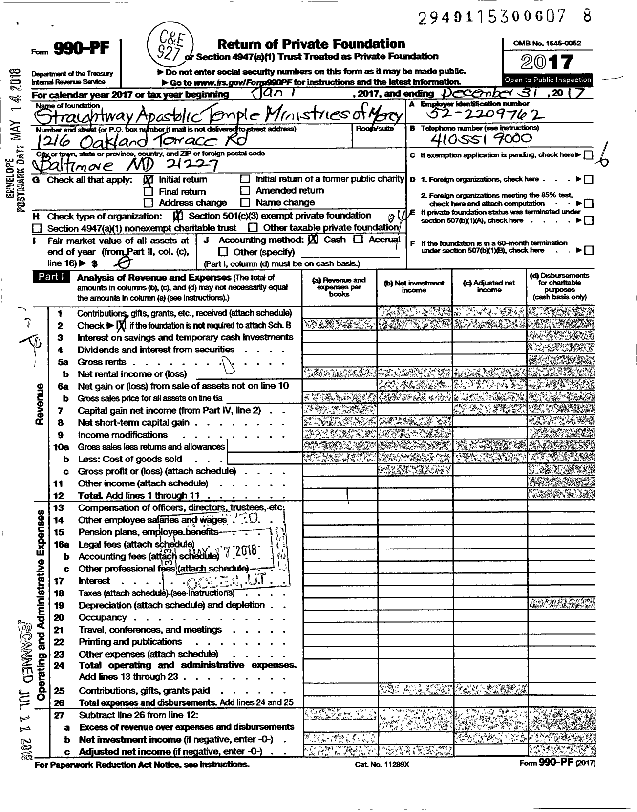 Image of first page of 2017 Form 990PF for Straightway Apostolic Temple Ministries of Mercy