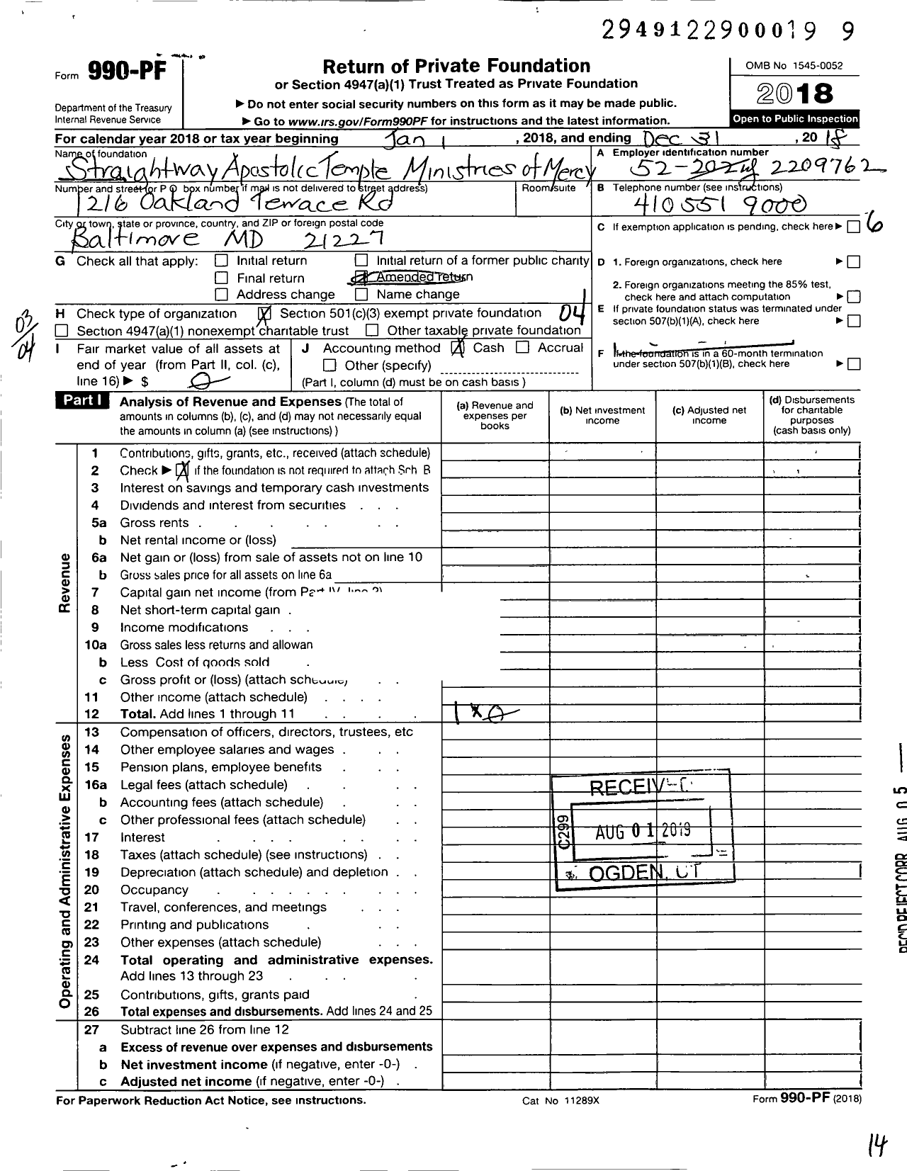 Image of first page of 2018 Form 990PF for Straightway Apostolic Temple Ministries of Mercy