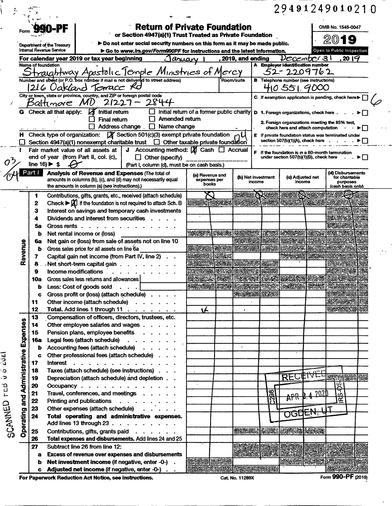 Image of first page of 2019 Form 990PF for Straightway Apostolic Temple Ministries of Mercy