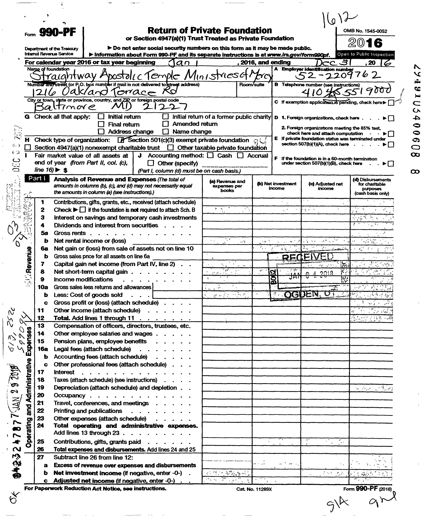 Image of first page of 2016 Form 990PF for Straightway Apostolic Temple Ministries of Mercy