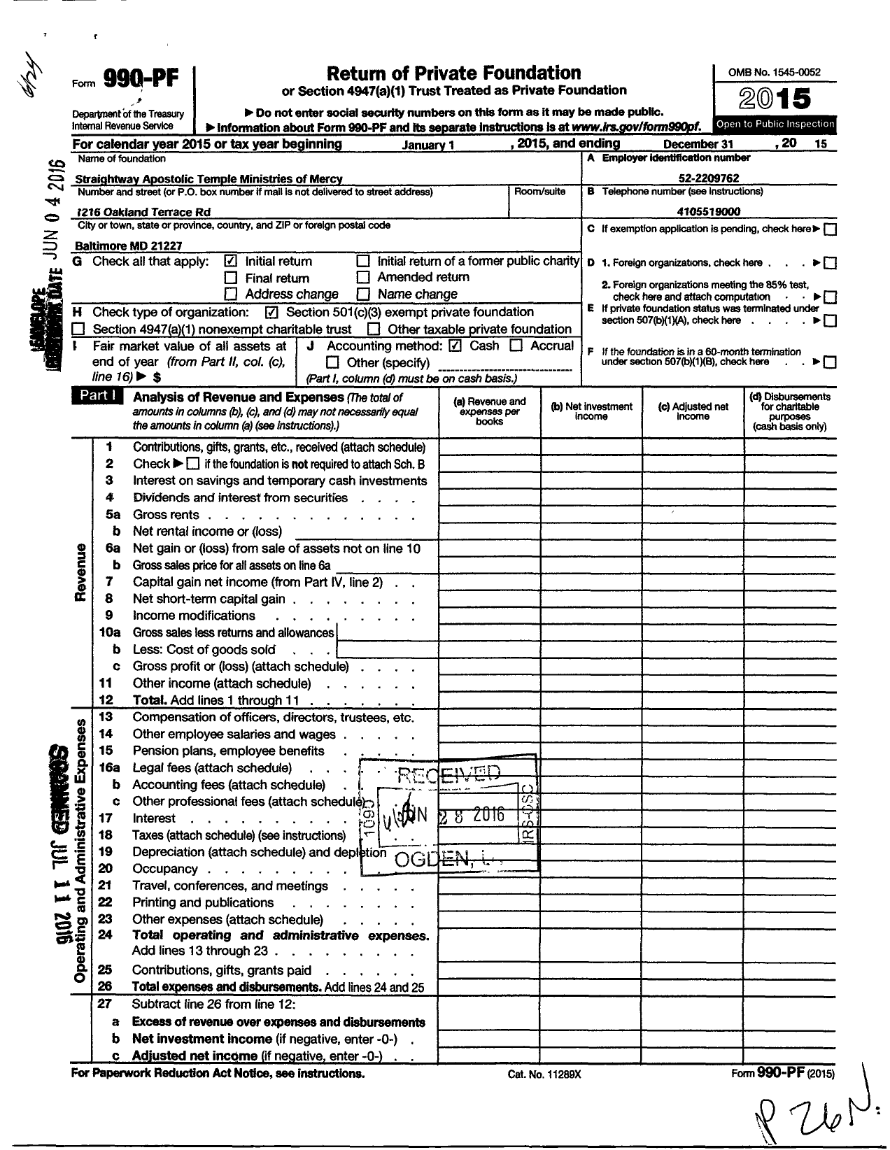 Image of first page of 2015 Form 990PF for Straightway Apostolic Temple Ministries of Mercy