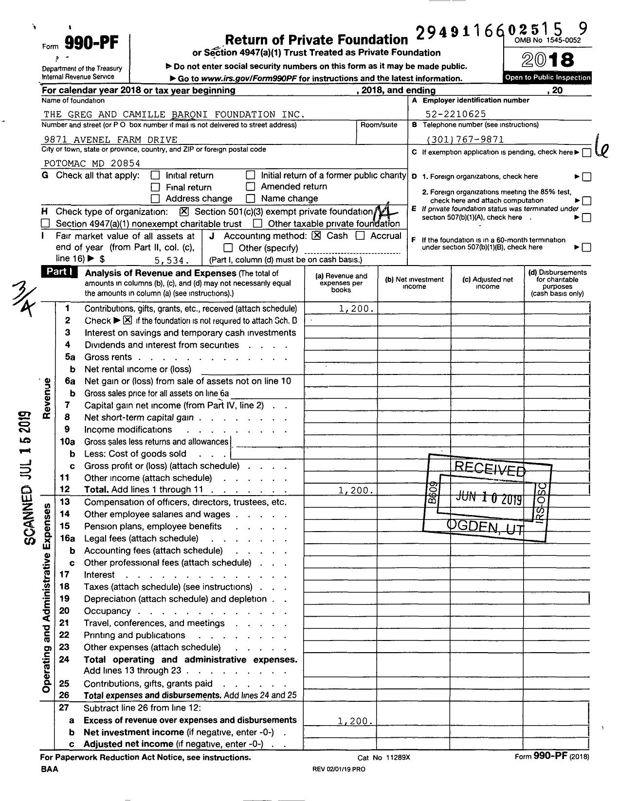 Image of first page of 2018 Form 990PF for The Greg and Camille Baroni Foundation