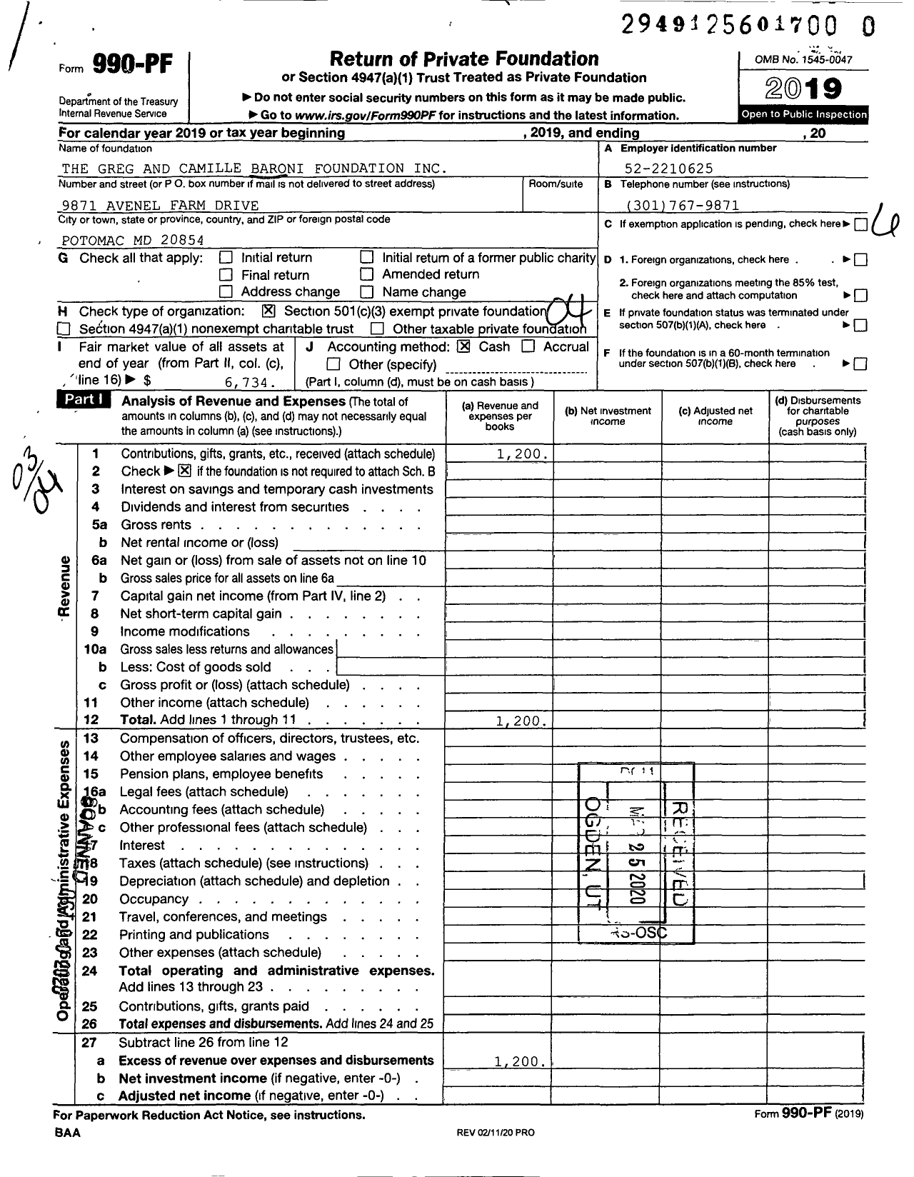 Image of first page of 2019 Form 990PR for The Greg and Camille Baroni Foundation