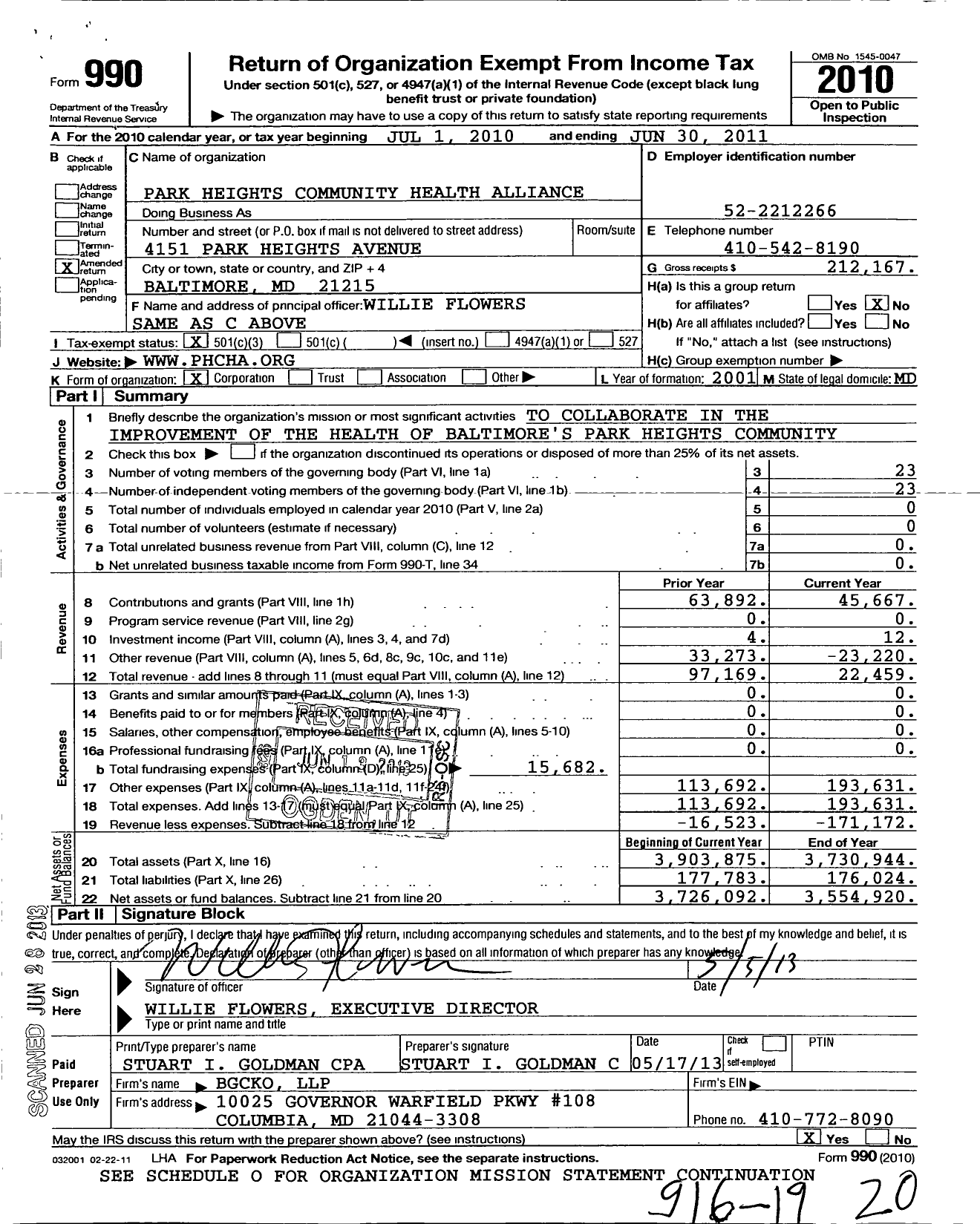 Image of first page of 2010 Form 990 for Park Heights Community Health Alliance