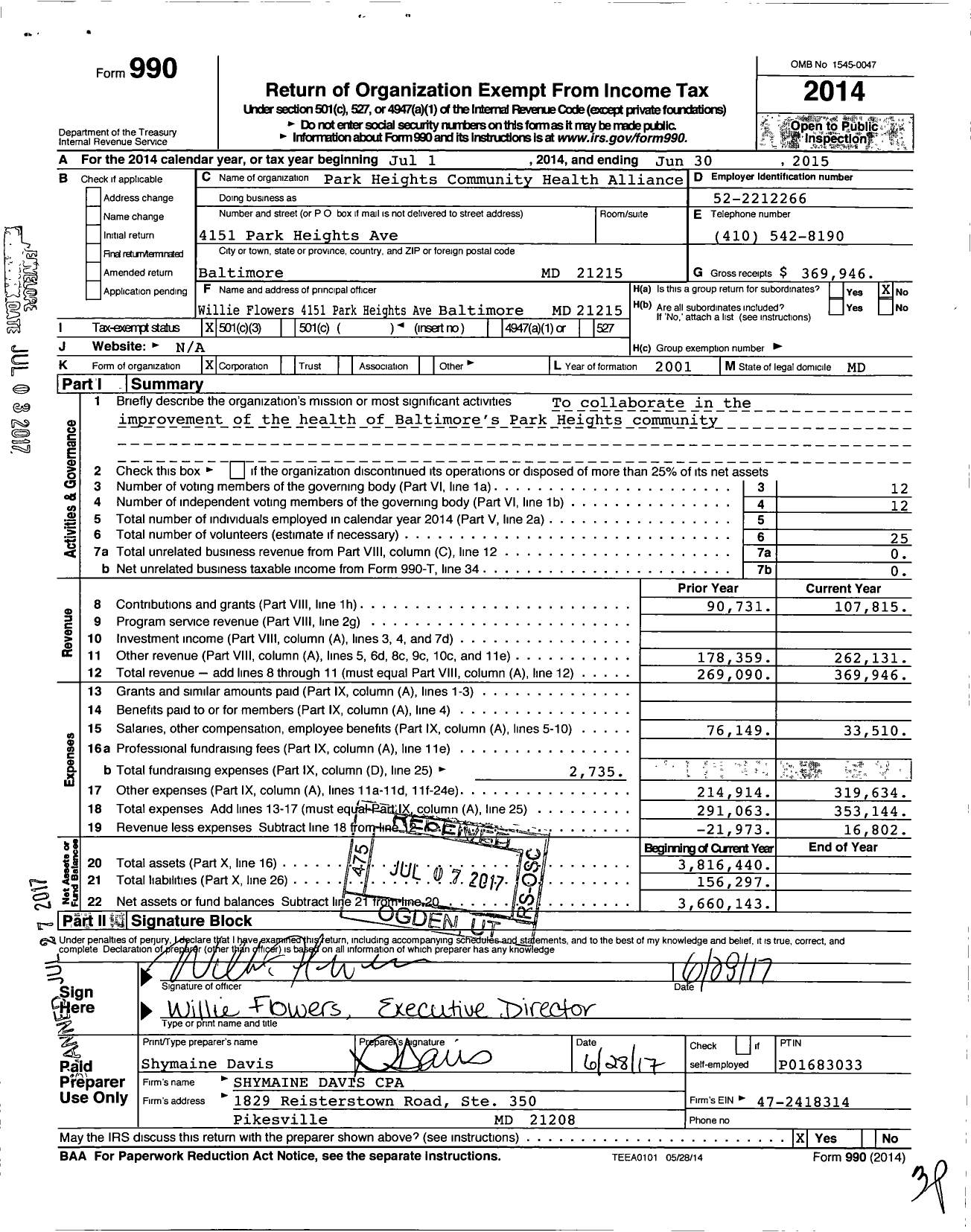 Image of first page of 2014 Form 990 for Park Heights Community Health Alliance