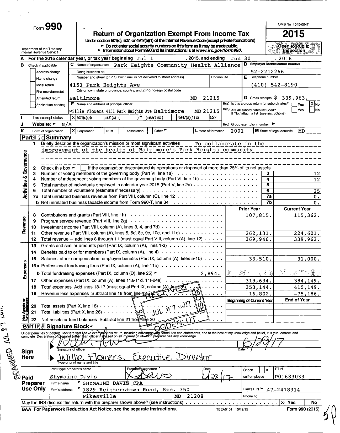 Image of first page of 2015 Form 990 for Park Heights Community Health Alliance