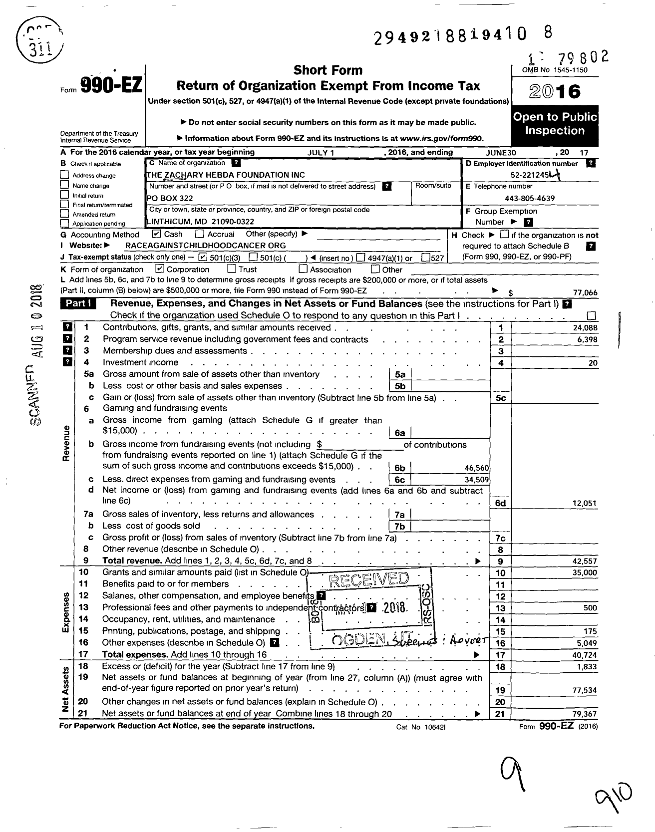 Image of first page of 2016 Form 990EZ for The Zachary Hebda Foundation