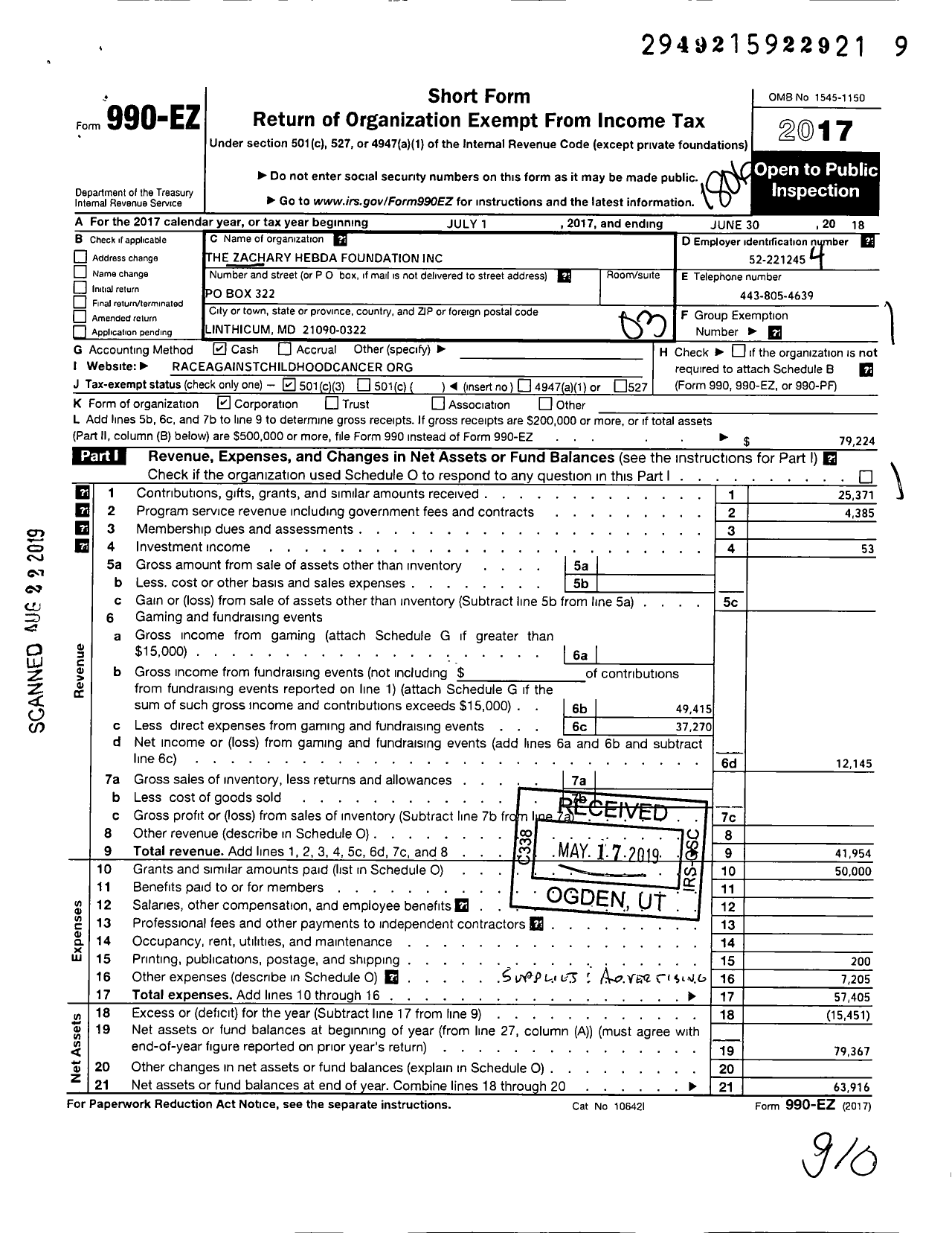 Image of first page of 2017 Form 990EZ for The Zachary Hebda Foundation