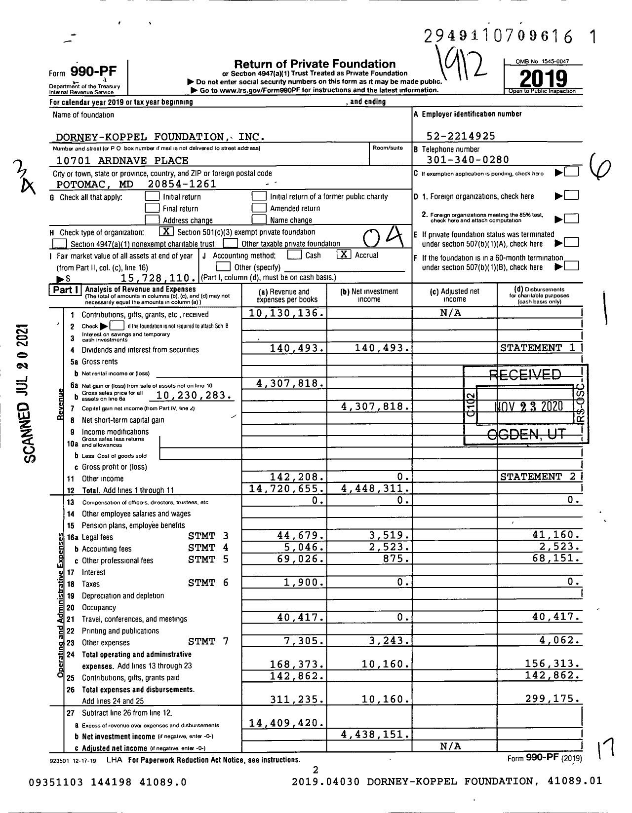 Image of first page of 2019 Form 990PF for Dorney-Koppel Foundation