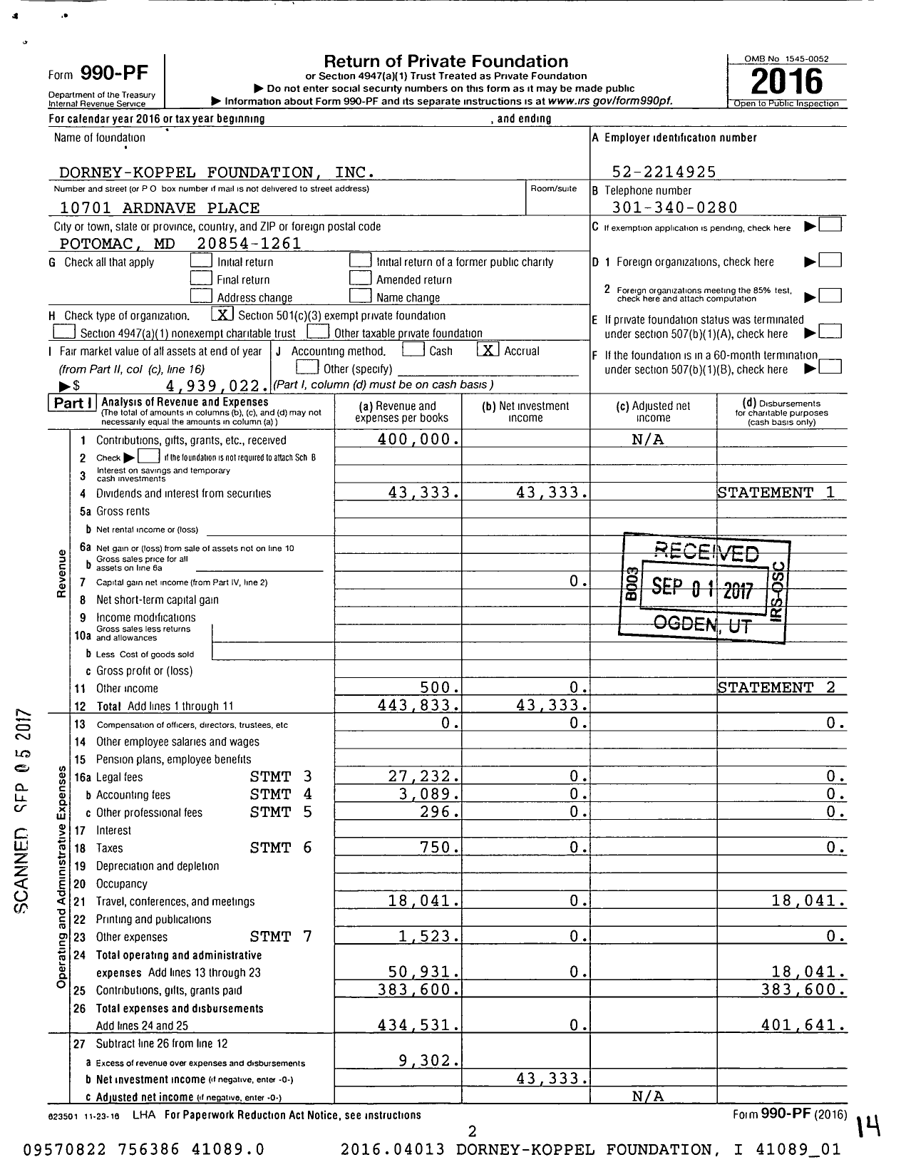 Image of first page of 2016 Form 990PF for Dorney-Koppel Foundation