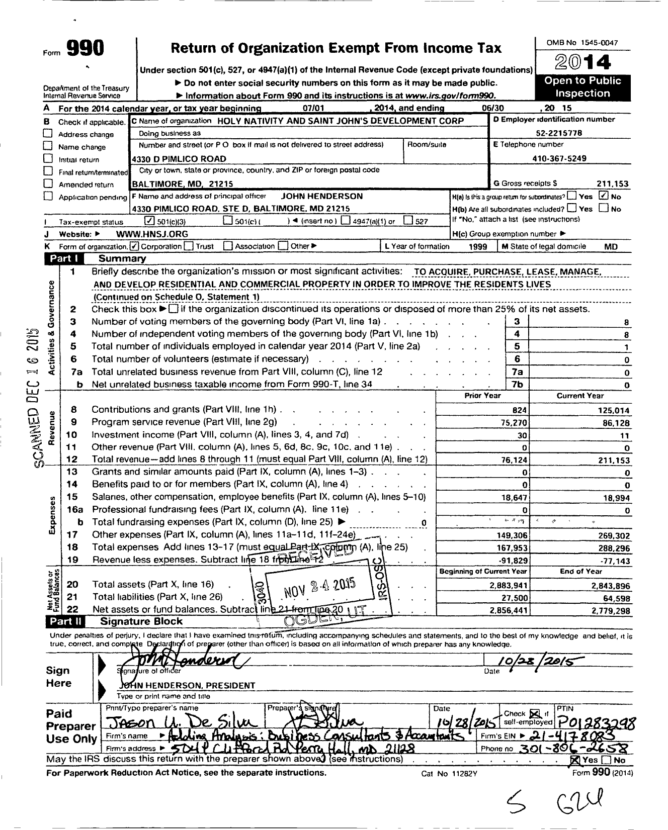 Image of first page of 2014 Form 990 for Holy Nativity and Saint Johns Development Corporation