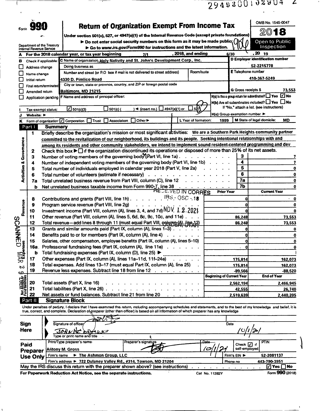 Image of first page of 2018 Form 990 for Holy Nativity and Saint Johns Development Corporation