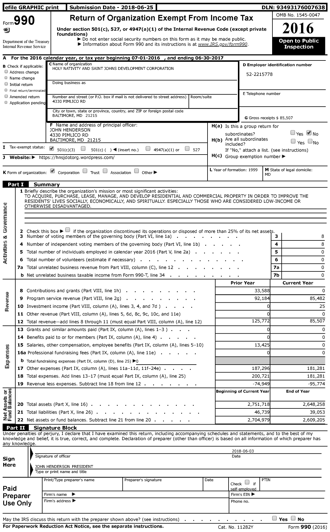 Image of first page of 2016 Form 990 for Holy Nativity and Saint Johns Development Corporation