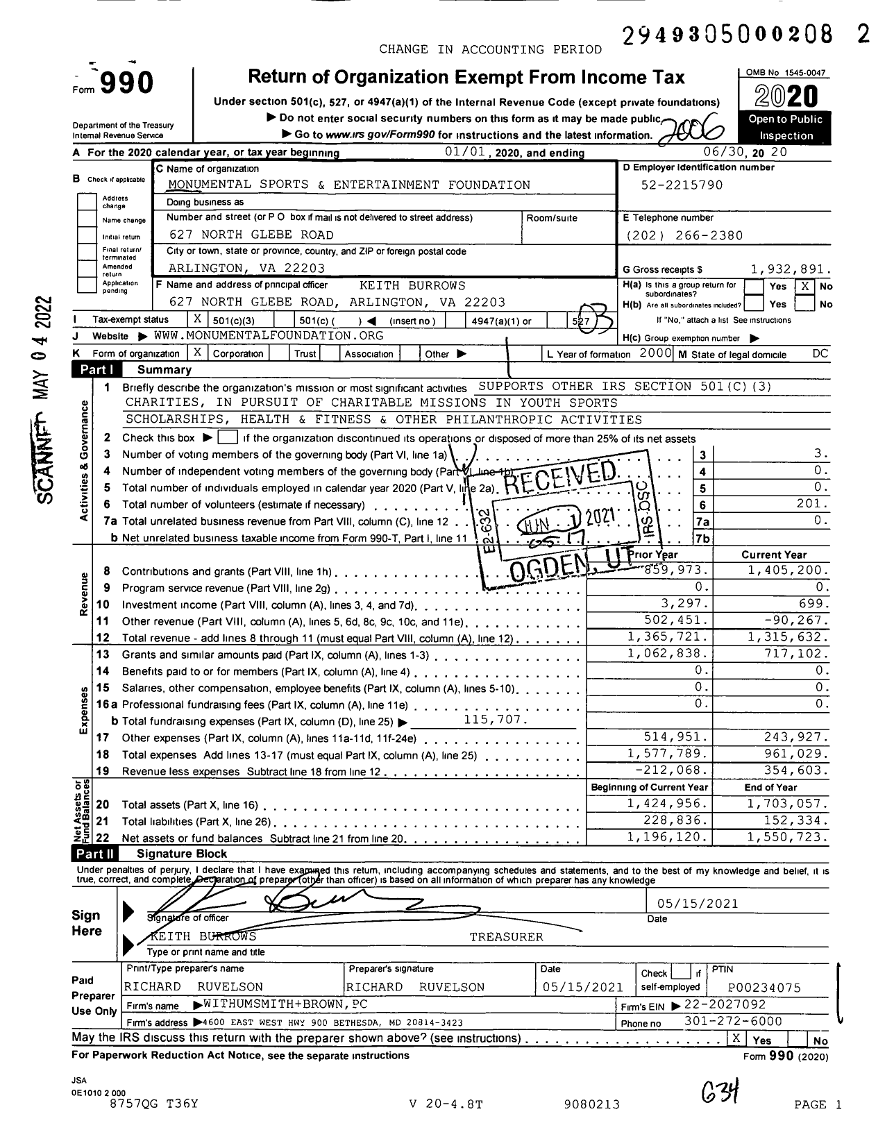 Image of first page of 2019 Form 990 for Monumental Sports and Entertainment Foundation