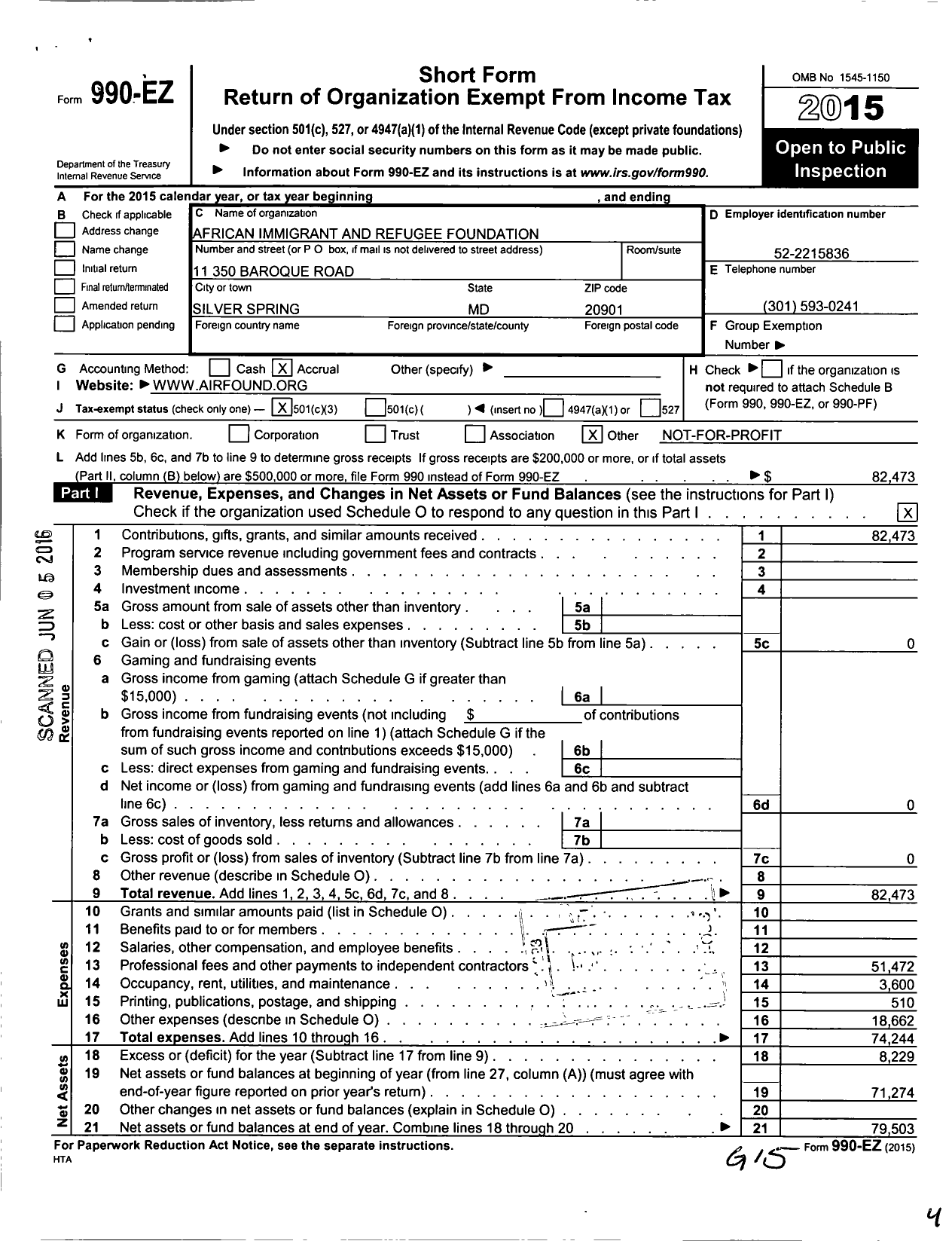 Image of first page of 2015 Form 990EZ for African Immigrant Foundation