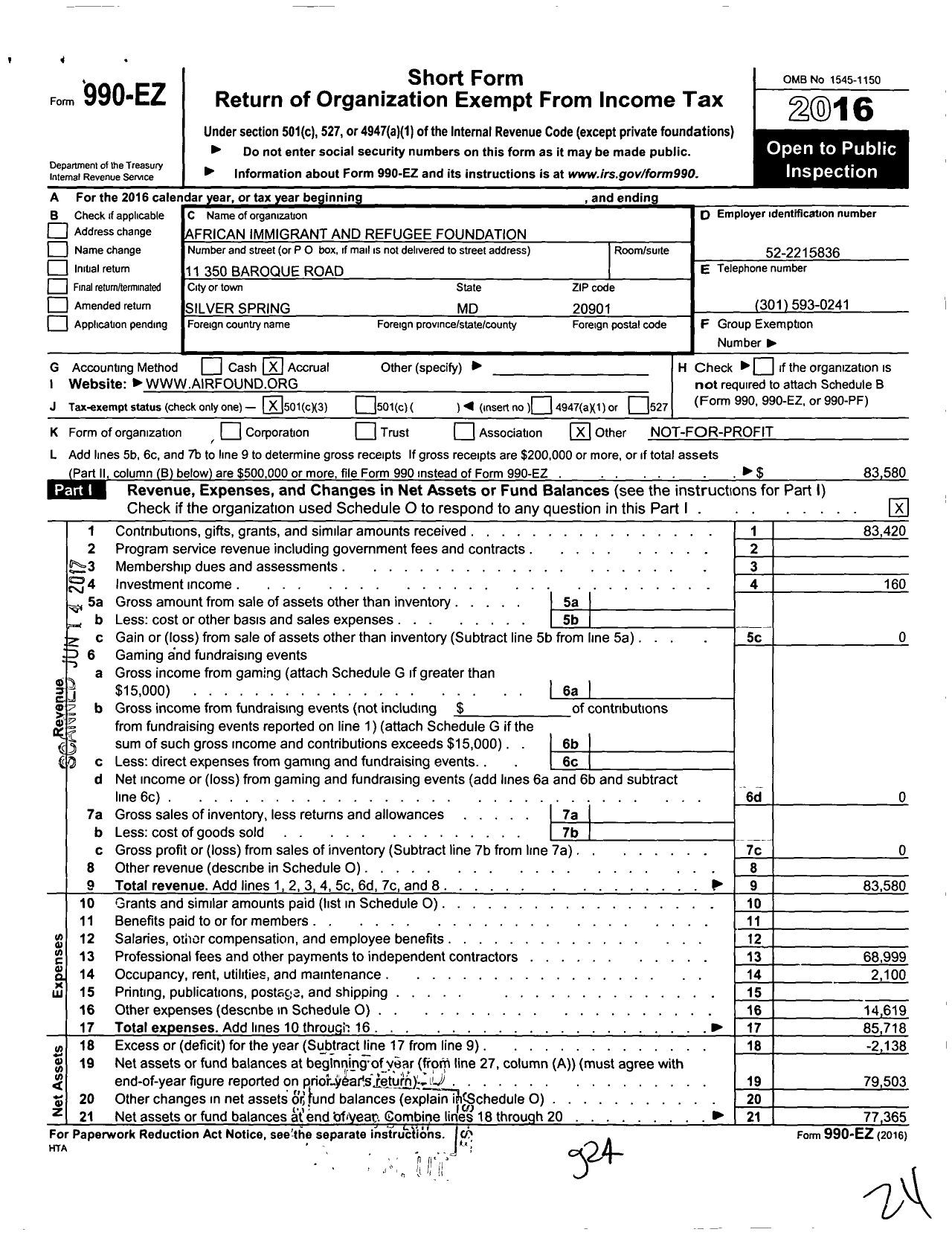 Image of first page of 2016 Form 990EZ for African Immigrant Foundation