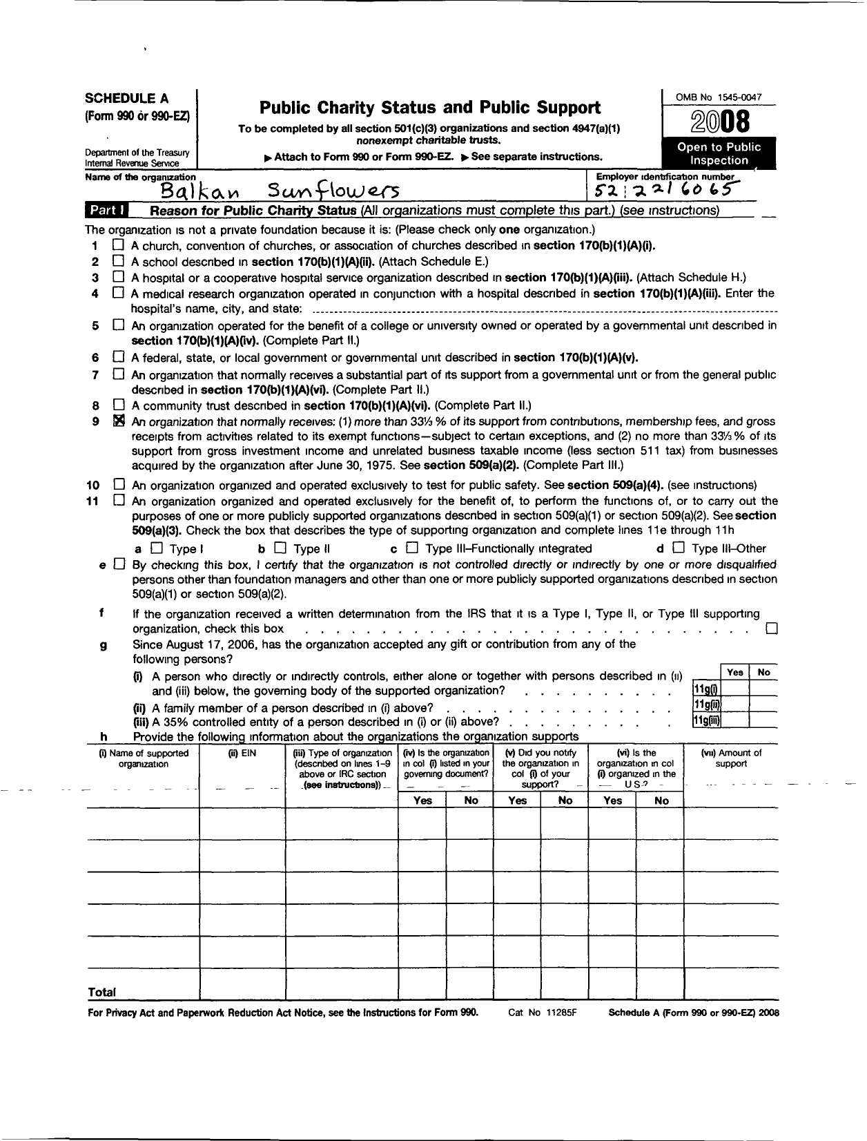 Image of first page of 2008 Form 990ER for Balkan Sunflowers USA