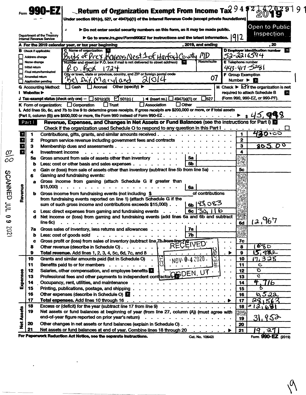 Image of first page of 2019 Form 990EO for Birds of Prey-Ravens Nest No 1 of Harford County MD