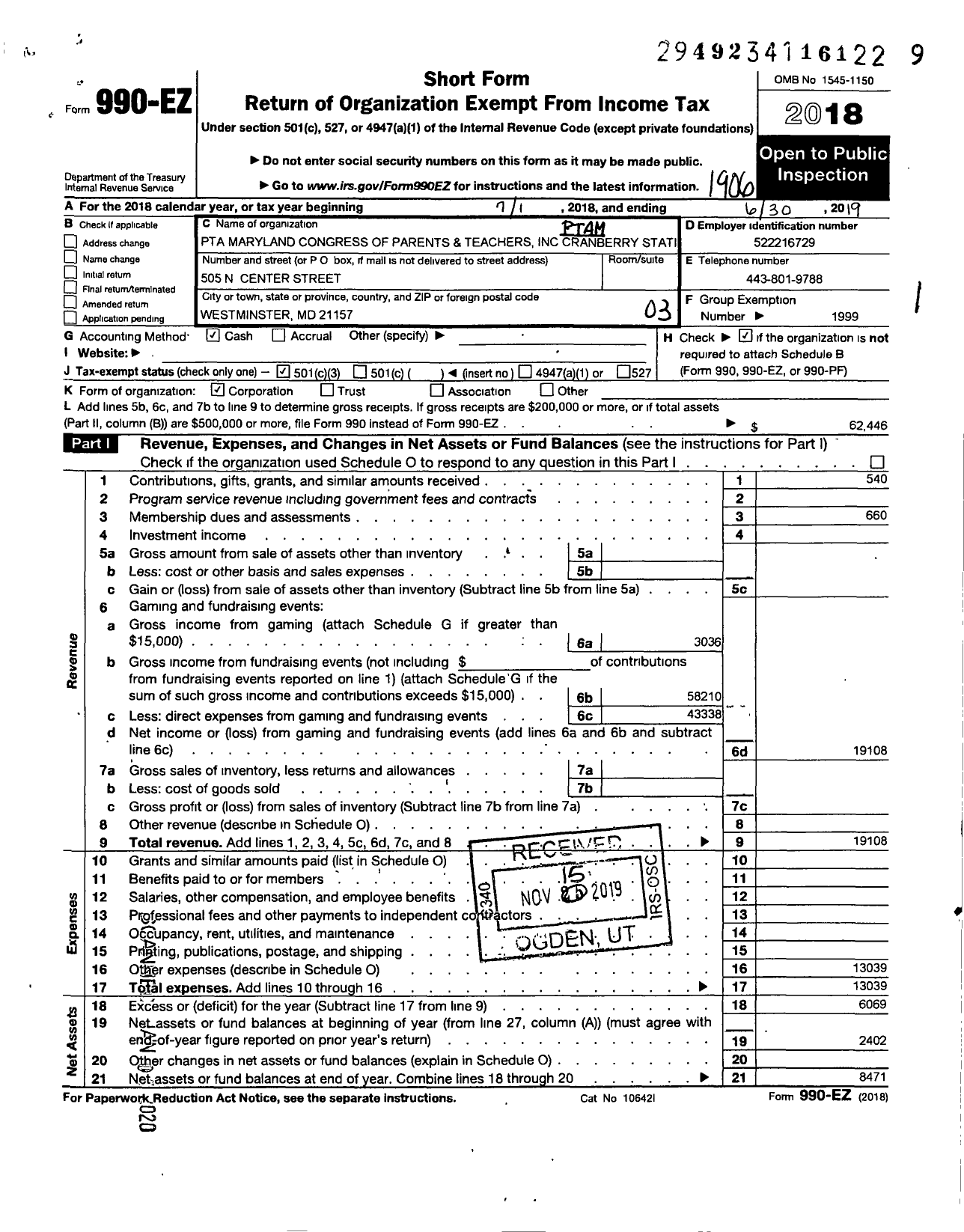 Image of first page of 2018 Form 990EZ for PTA Maryland Congress of Parents and Teachers / Cranberry Station Elem PTA