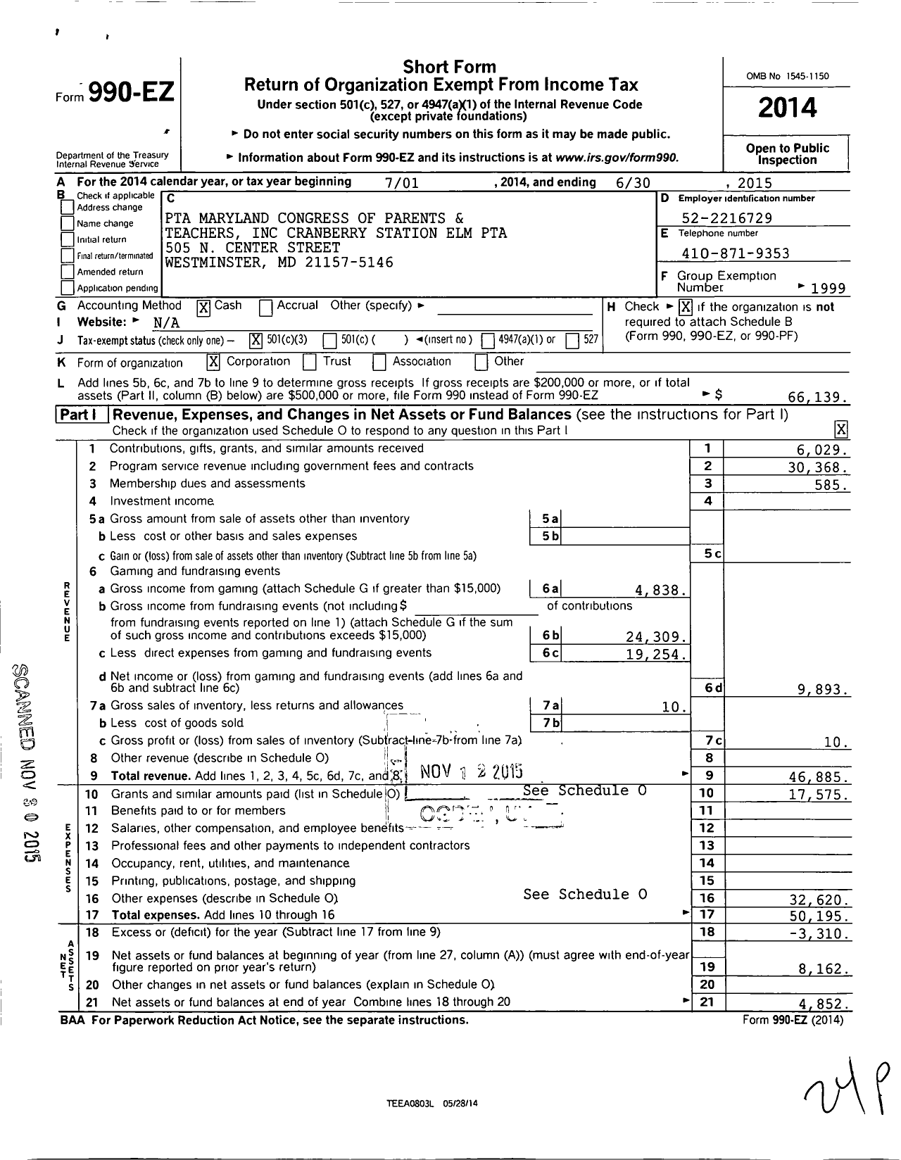 Image of first page of 2014 Form 990EZ for PTA Maryland Congress of Parents and Teachers / Cranberry Station Elem PTA